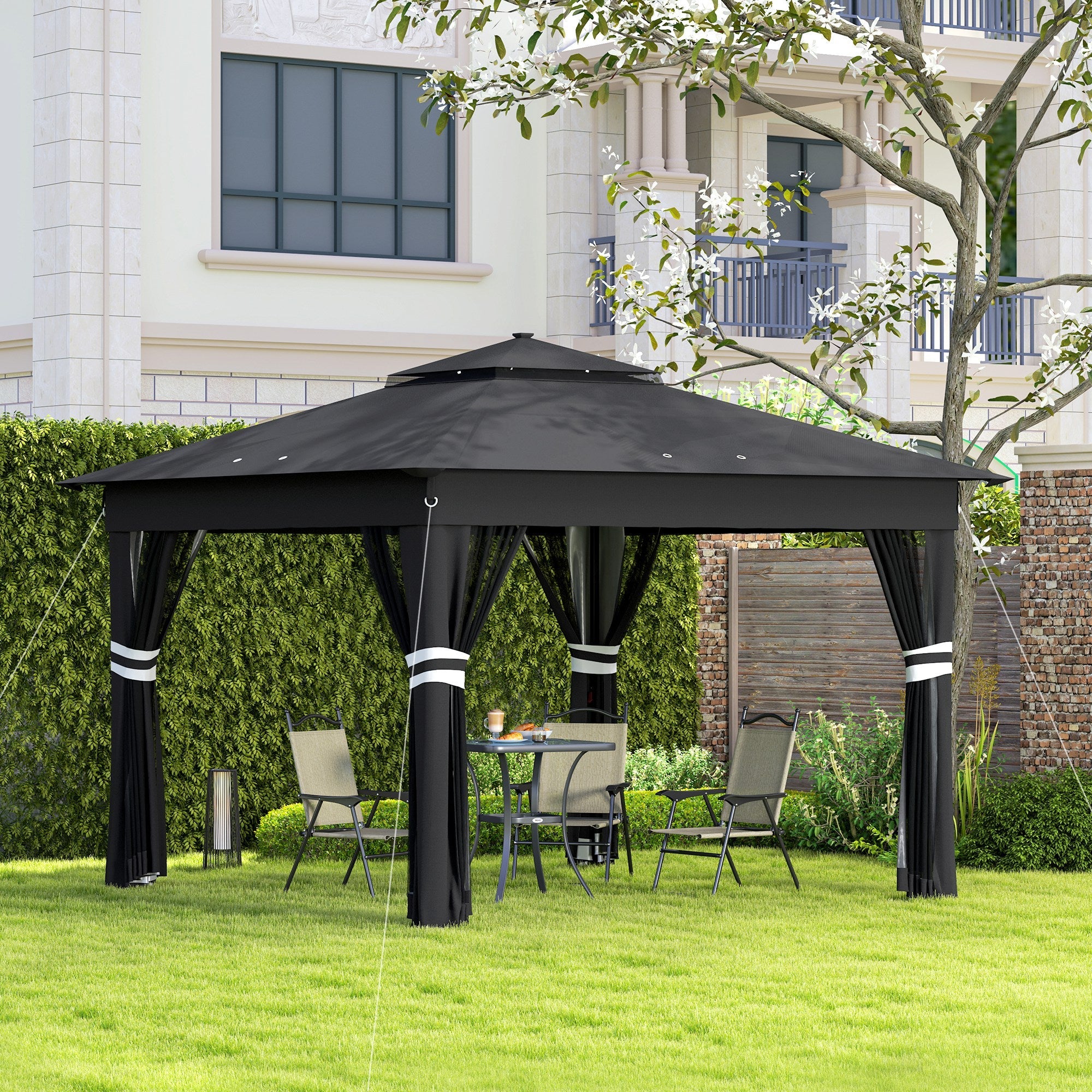 Outsunny 3.36 x 3.36m Pop Up Gazebo Party Tent with Solar-Powered LED Lights, Adjustable Event Shelter with Netting, Black