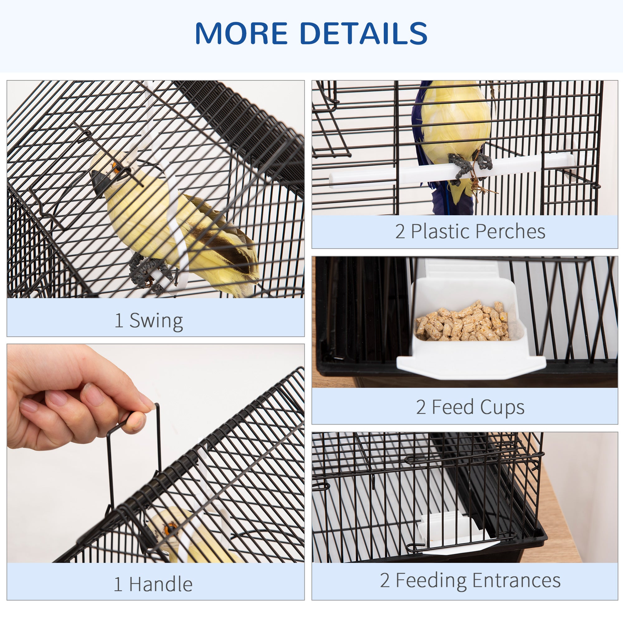 PawHut Metal Bird Cage for Finch, Canary w/ Food Containers, Swing Ring, Tray, Handle, 39 x 33 x 47cm