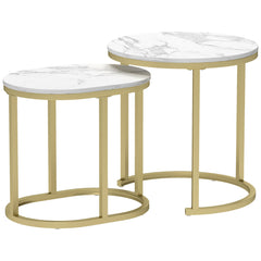 HOMCOM Nest of Tables with Steel Frame and Faux Marble Tabletop, Modern Coffee Table Set of 2, Gold Tone/White