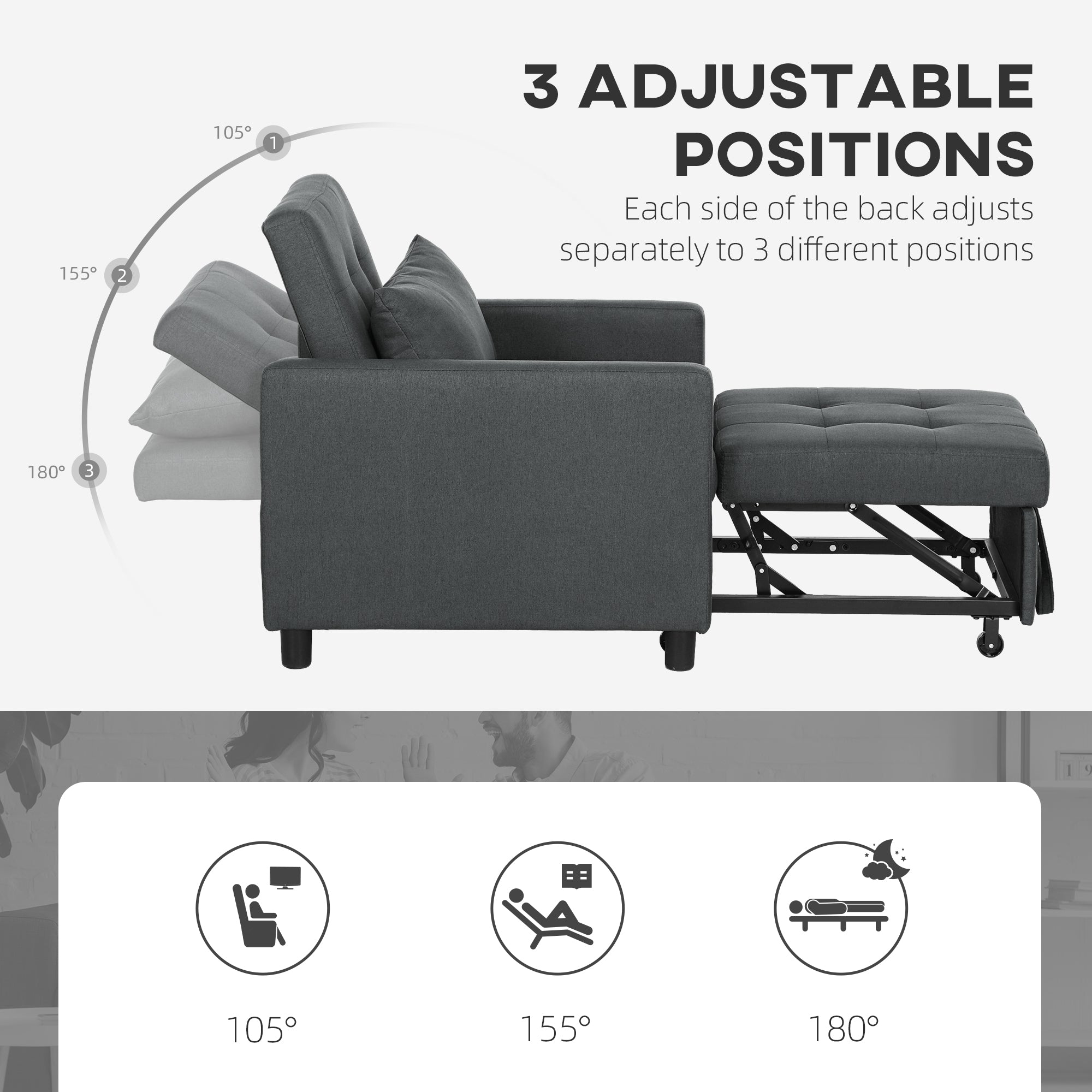 HOMCOM 3-In-1 Chair Bed, Convertible Sleeper Chair with Adjustable Backrest, Pillow and Footrest for Living Room, Dark Grey
