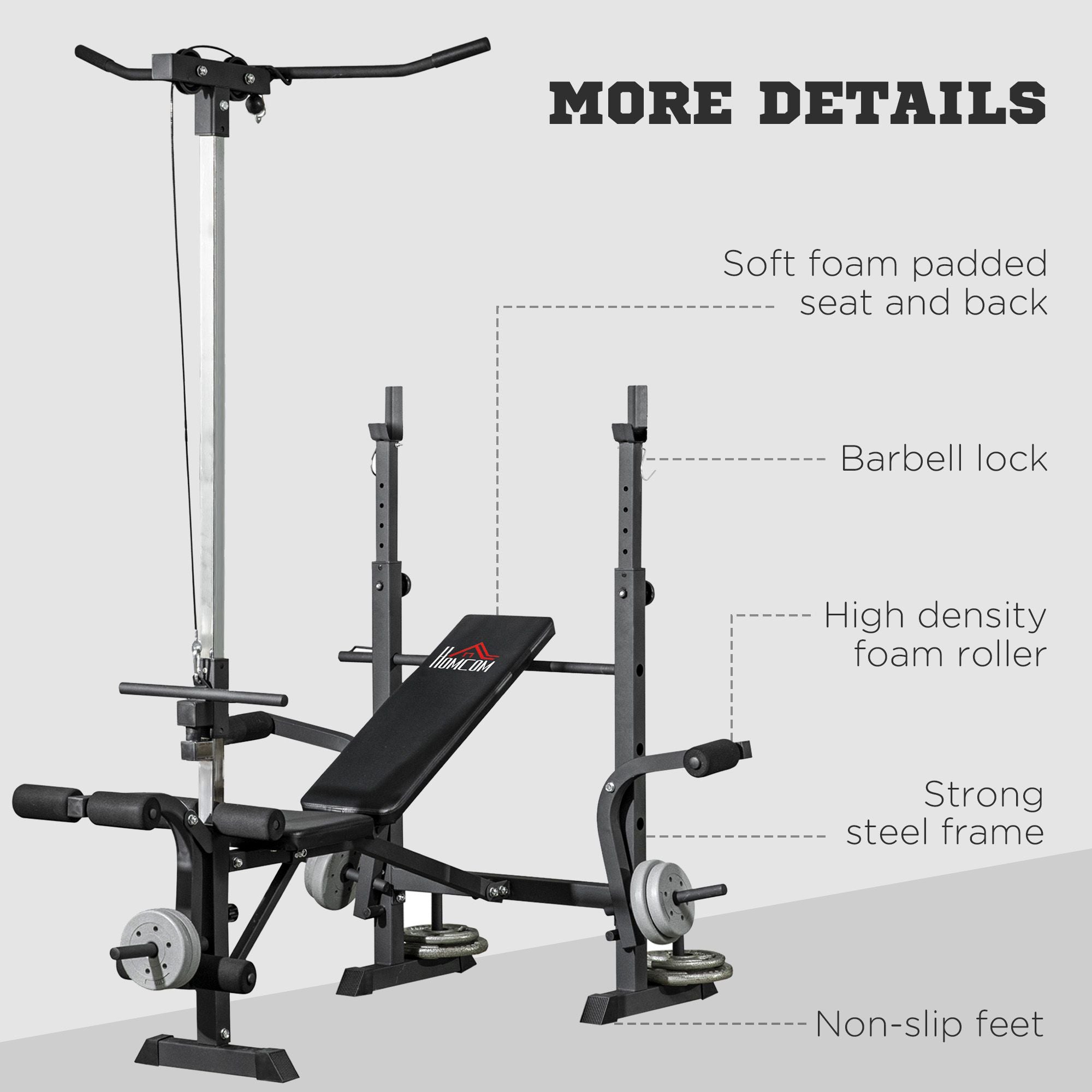 HOMCOM Adjustable Weight Bench with Pulley System, Incline Bench Press Set with Squat Rack, Leg Developer, Butterfly and Weight Storage, for Home Gym Full Body Workout