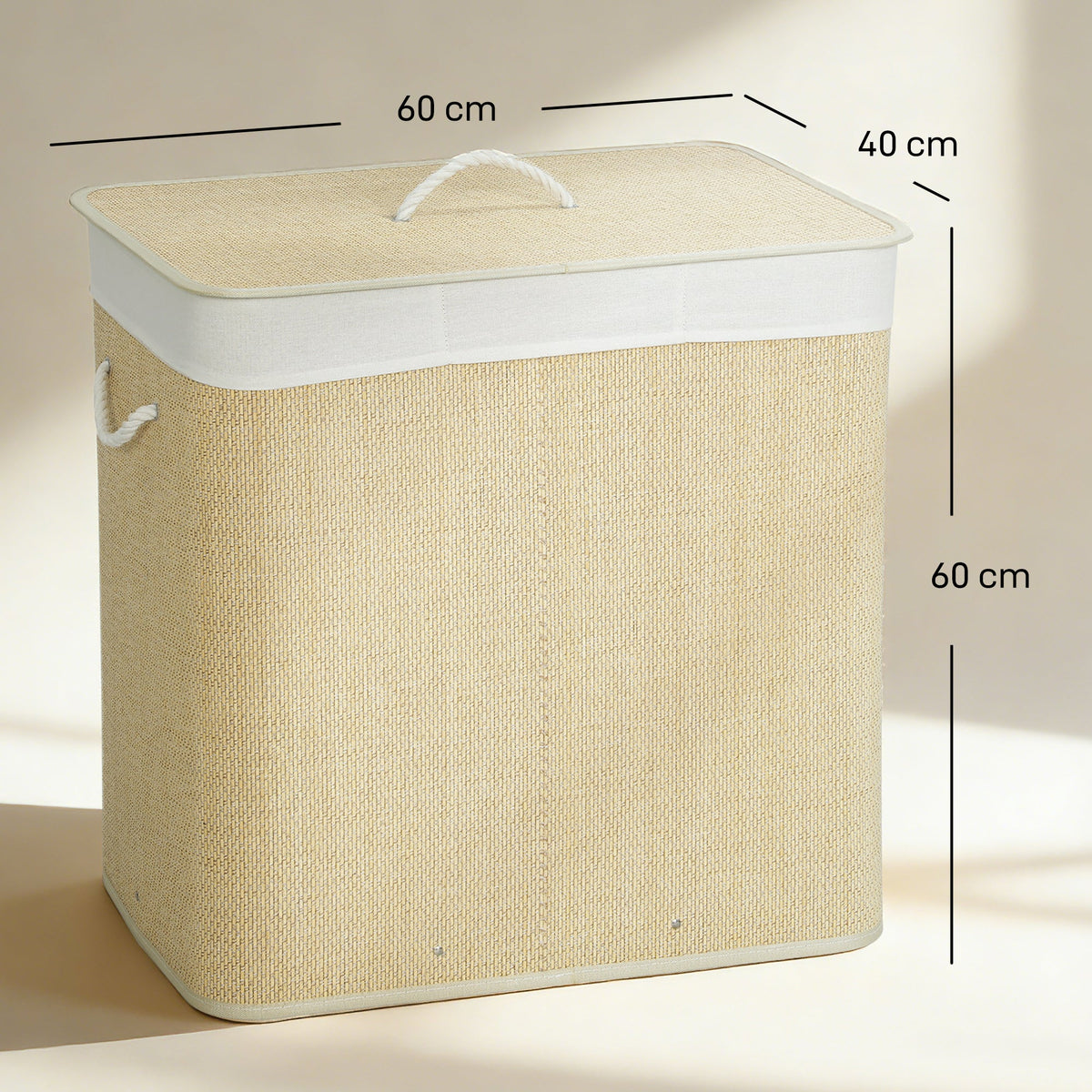 HOMCOM 3 Section Laundry Basket with Lid, 144L Bamboo Laundry Hamper with Handles, Removable and Washable Liner, Cream White