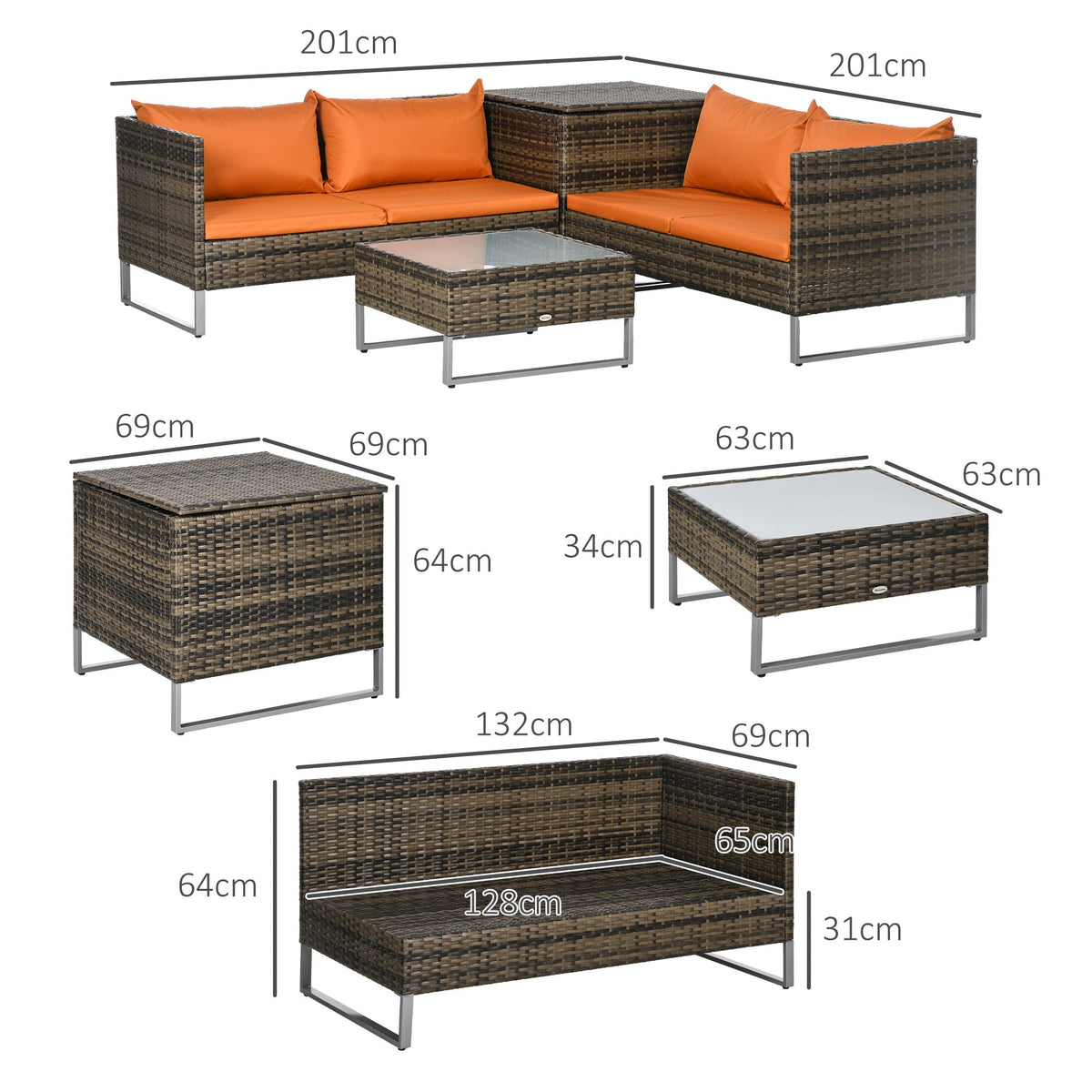 Outsunny 4 Piece Rattan Garden Furniture Set, Outdoor Corner Sofa Set with Storage Table, Loveseats, Cushions - Orange