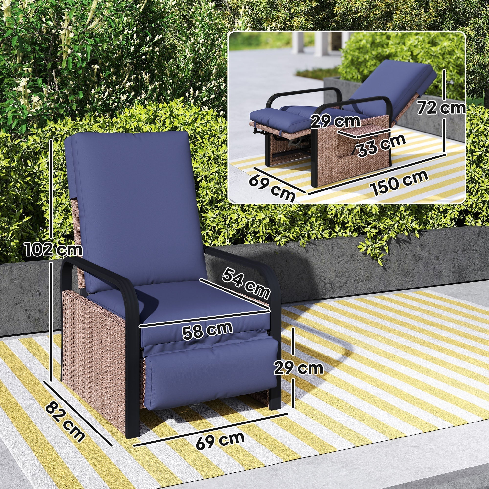 Outsunny 140 Reclining Rattan Armchair - Brown/Blue
