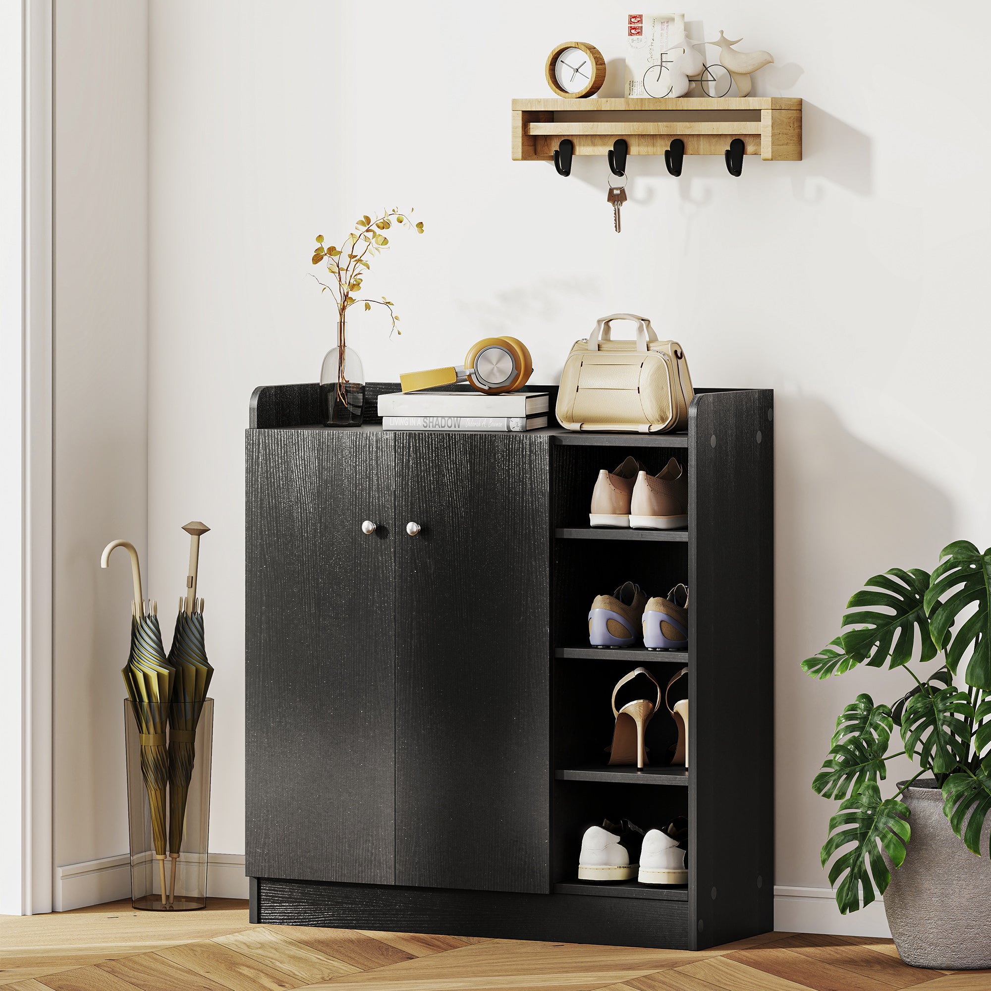 HOMCOM Shoe Storage Cabinet with Adjustable Shelves - Black