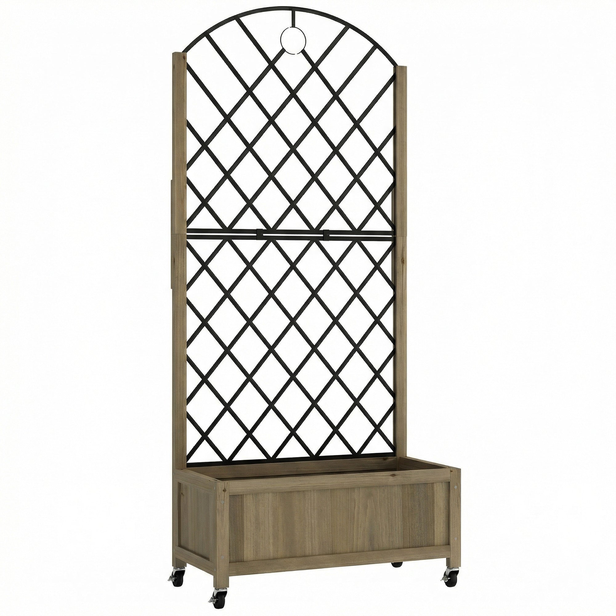 Outsunny Raised Garden Bed with Metal Trellis, Wooden Elevated Planter Box w/Lockable Wheels, Outdoor Raised Planter, Carbonised