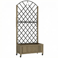 Outsunny Raised Garden Bed with Metal Trellis, Wooden Elevated Planter Box w/Lockable Wheels, Outdoor Raised Planter, Carbonised