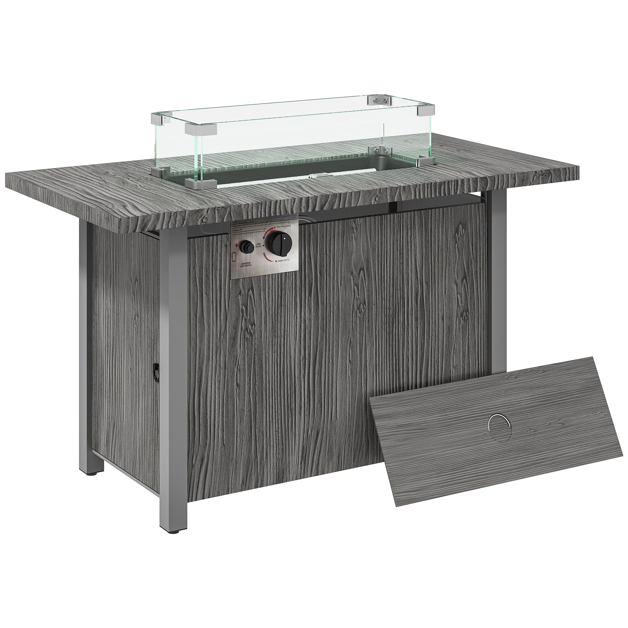Outsunny 50,000 BTU Gas Fire Pit Table with Cover and Glass Screen - Dark Grey