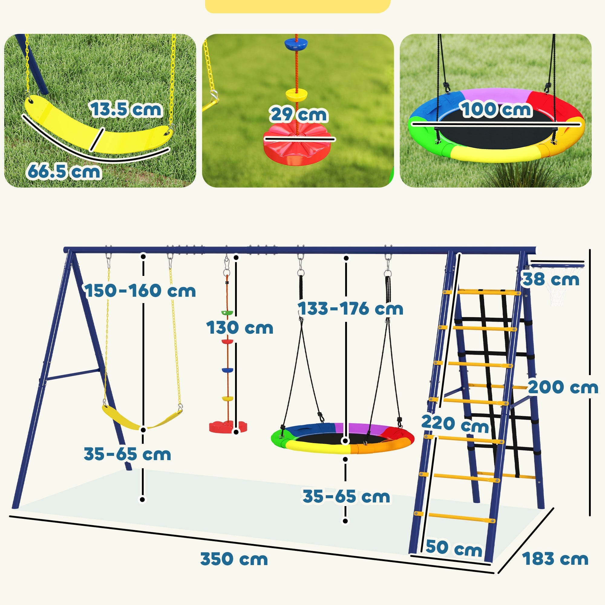 AIYAPLAY 6 in 1 Metal Kids Swing Set with 3 Swings, Climbing Ladder & Net, Basketball Hoop, for Ages 3-8