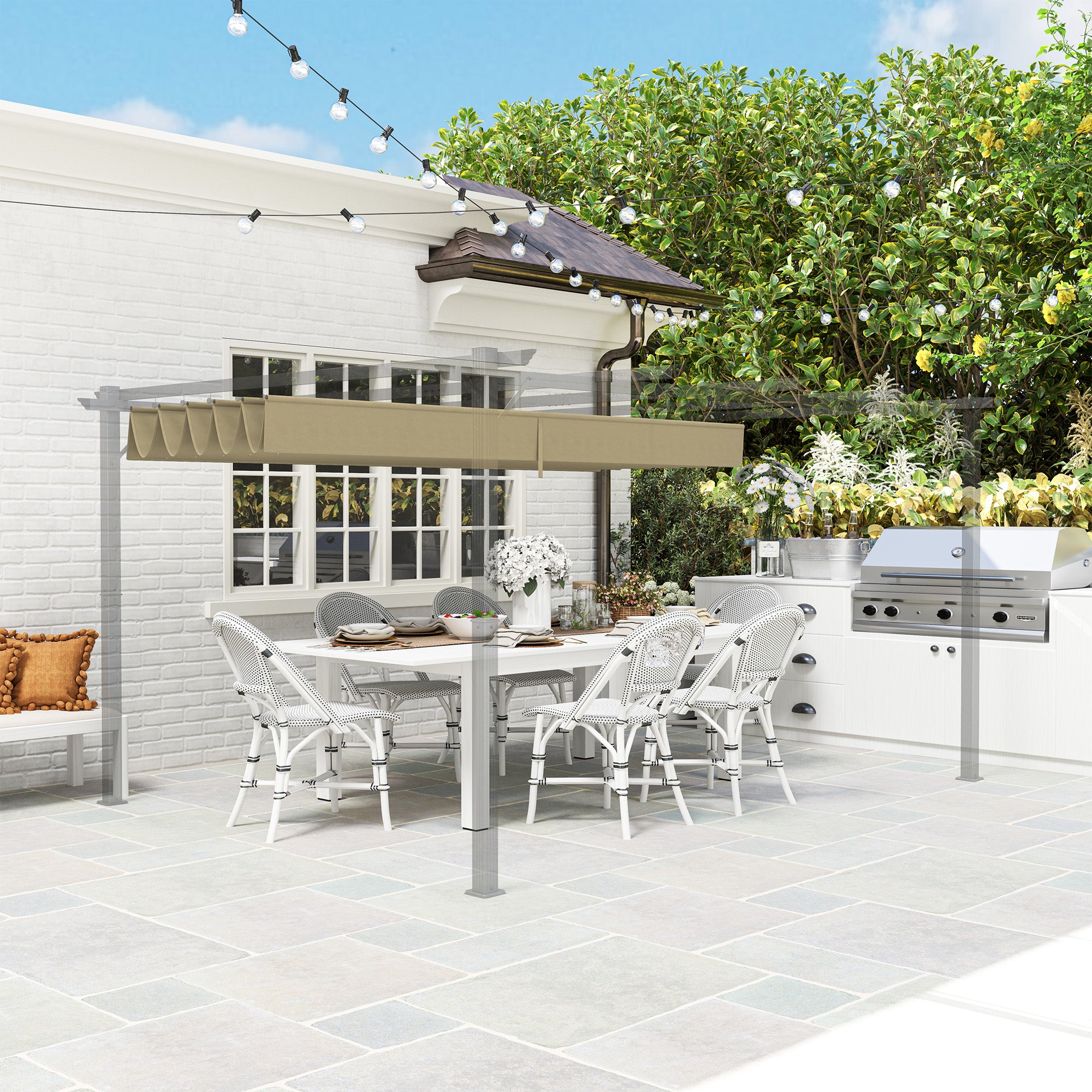 Outsunny Retractable Pergola Shade Cover, Replacement Canopy for 4 x 3 (m) Pergola, Retractable Roof, Tan