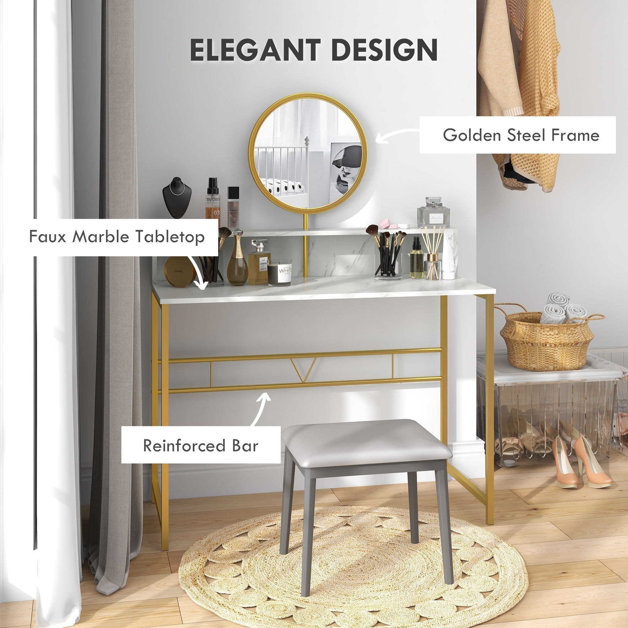 HOMCOM Modern Dressing Table with Round Mirror, Vanity Makeup Desk with Open Storage, Faux Marble Texture and Steel Frame for Bedroom, White