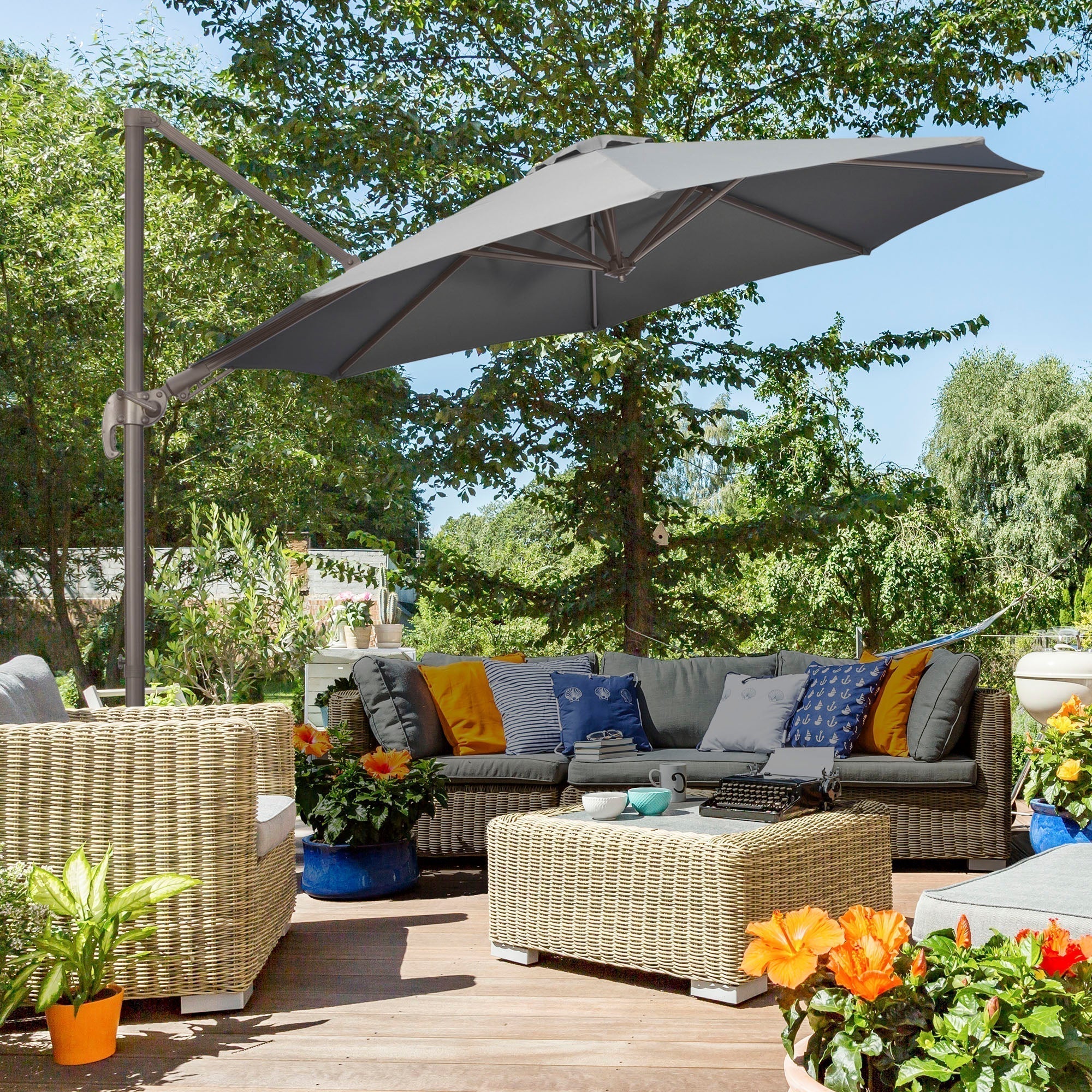 Outsunny 3(m) Cantilever Parasol 360 Rotation Roma Umbrella Hanging Sun Shade with Aluminium Frame, Tilt Crank, 8 Ribs and Cross Base, Dark Grey