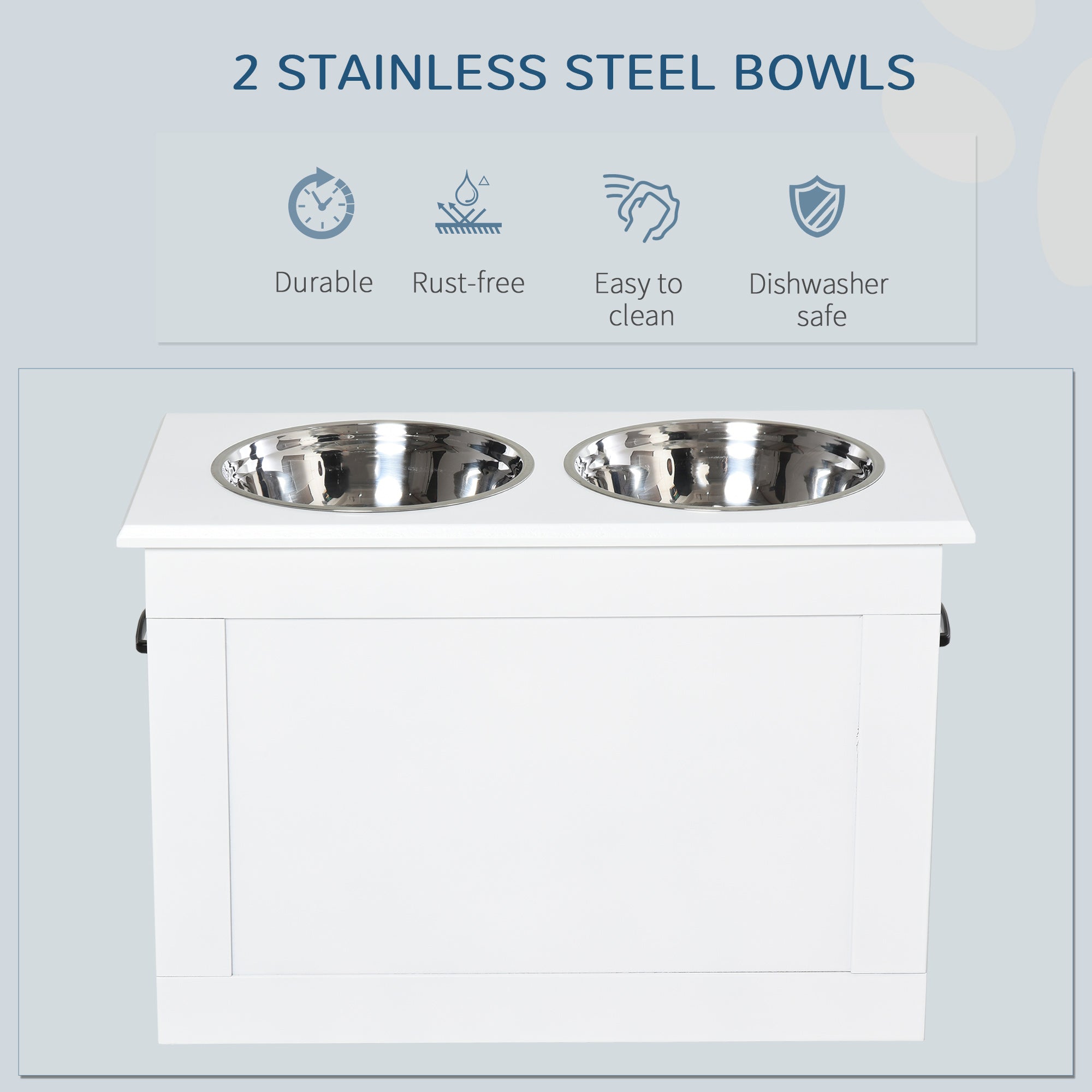 PawHut Raised Dog Bowls, with Storage, Two Stainless Steel Bowls, Elevated Base - White