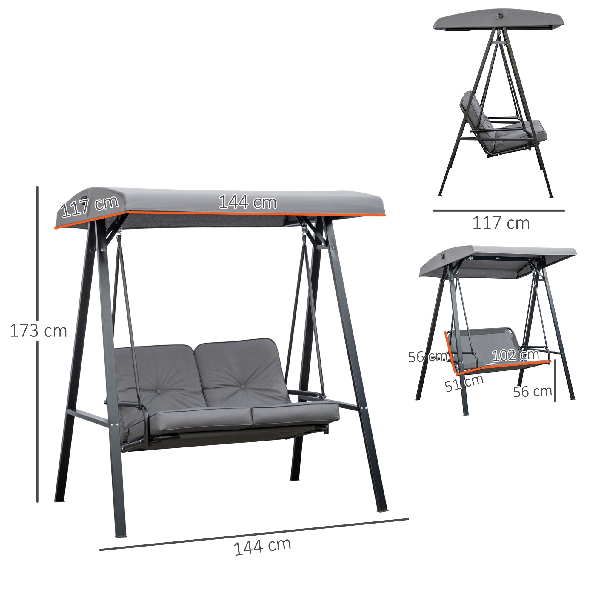 Outsunny 2 Seater Garden Swing Chair with Adjustable Tilting Canopy, Outdoor Hammock Bench with Steel Frame for Patio, Grey