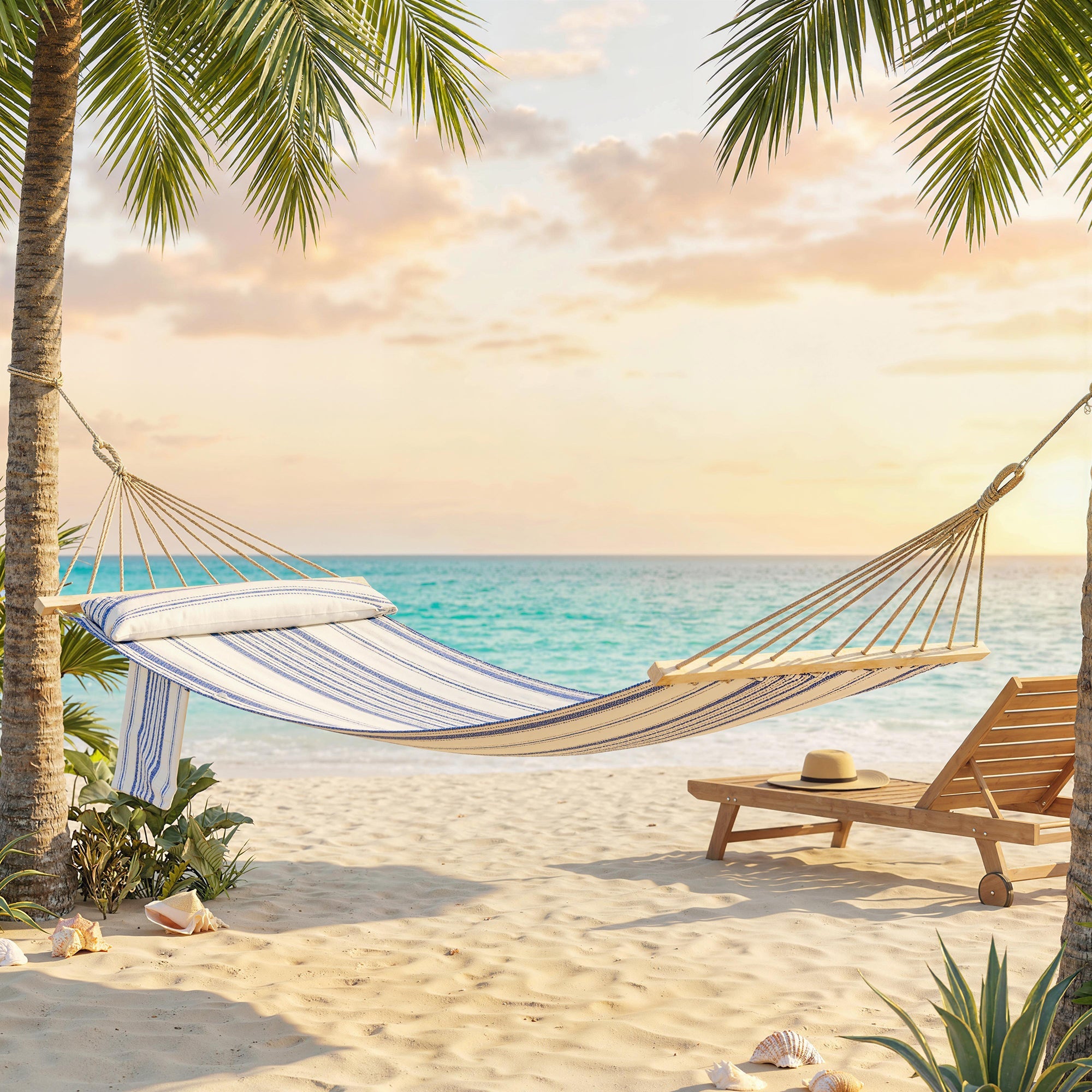 Outsunny Cotton Hammock, Soft Portable Swing Sleeping w/ Headrest & Side Pocket, Blue and White