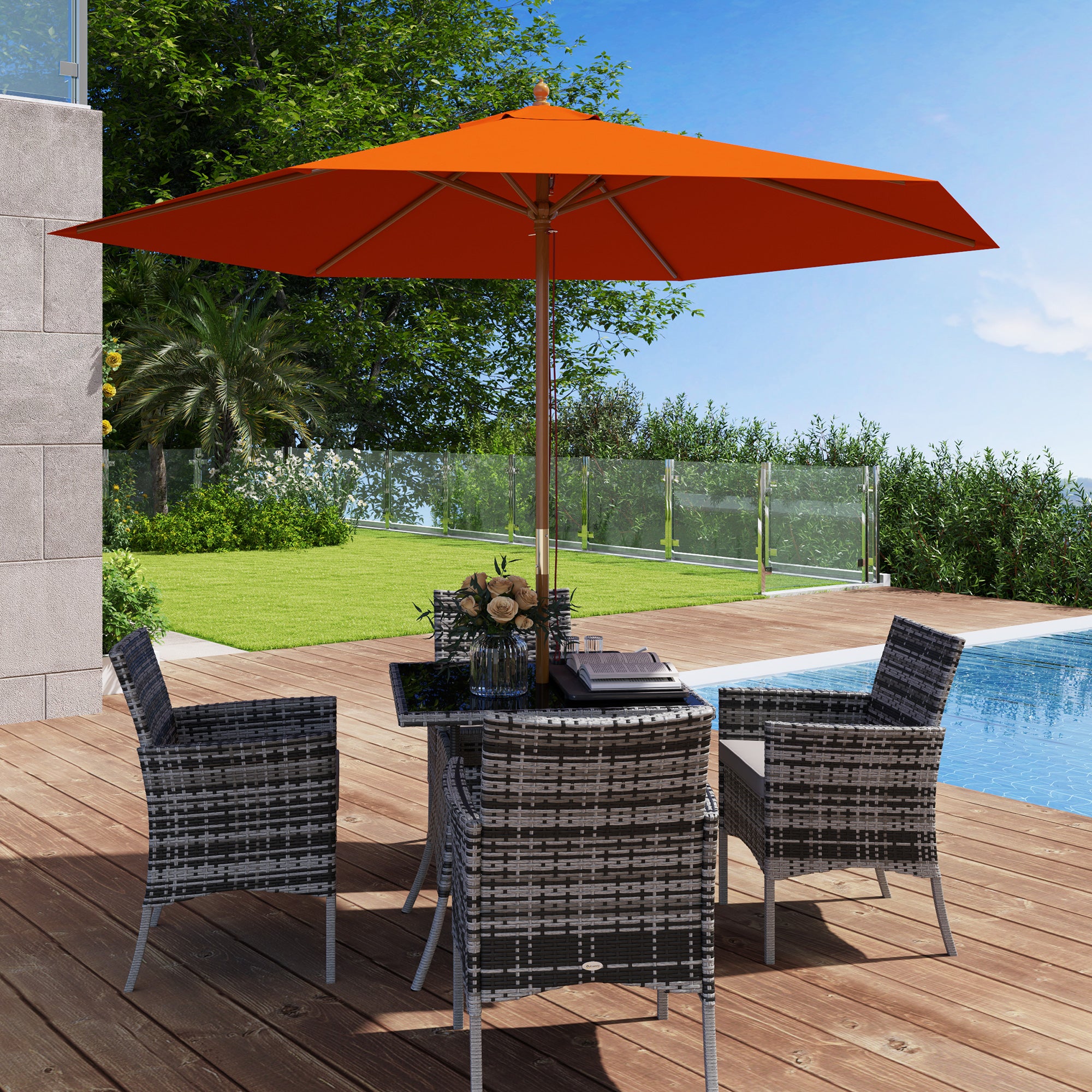 Outsunny 2.5m Wood Garden Parasol Sun Shade Patio Outdoor Wooden Umbrella Canopy, Table Market Umbrella with Vent, 38mm Pole, Rope Pulley Mechanism, Orange