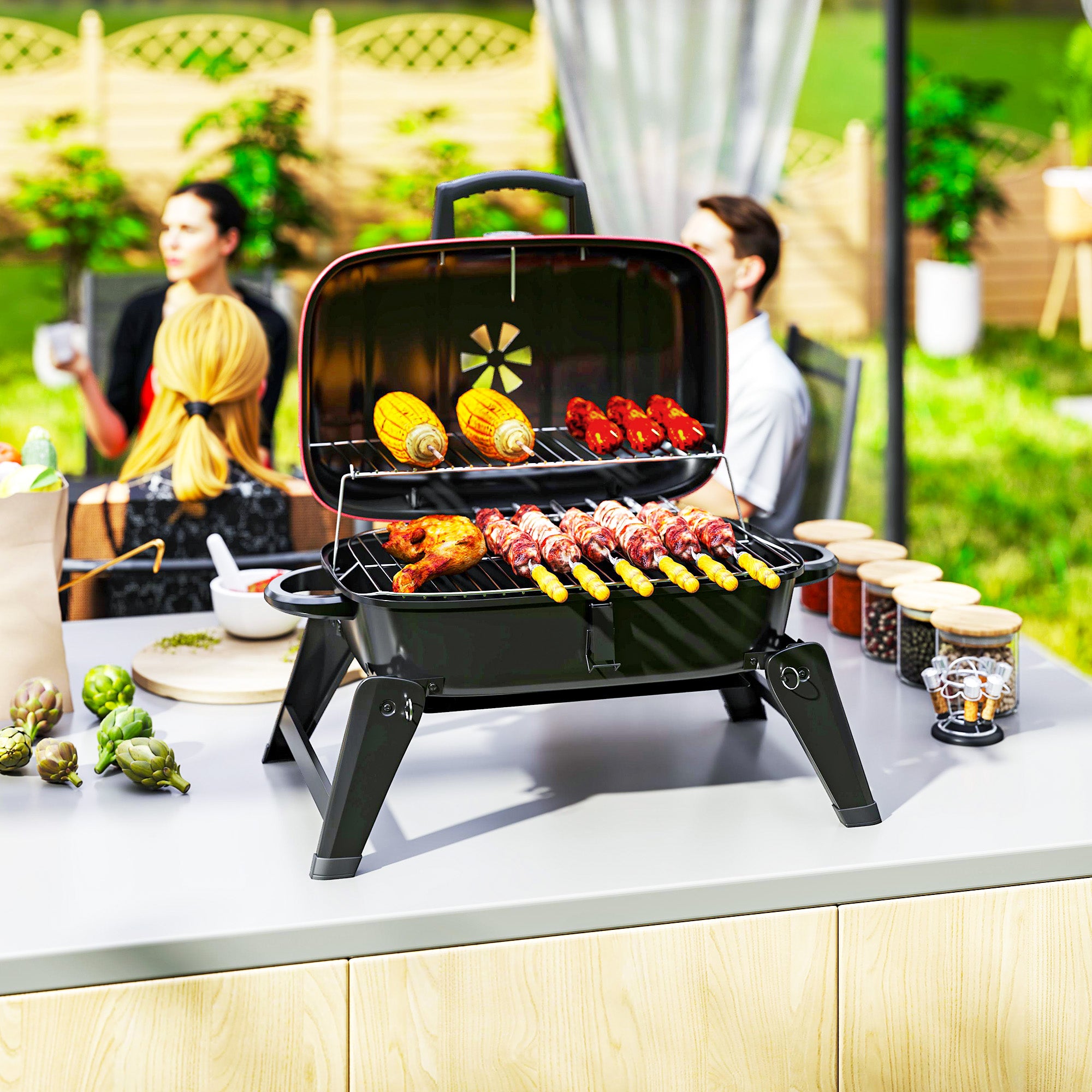 Outsunny Charcoal Barbecue Grill Folding BBQ Grill with 1232 cm√Ç¬≤ Cooking Area, Adjustable Vent, Thermometer, Handles for Camping Picnic, Red
