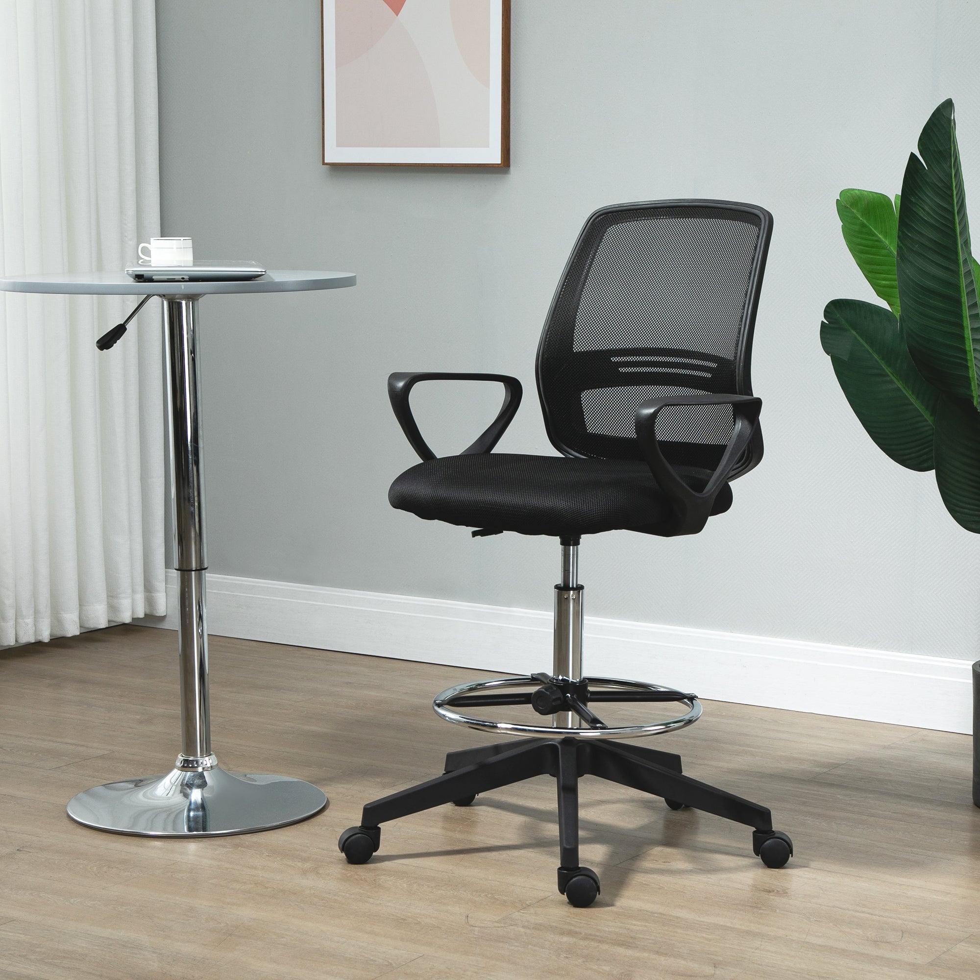 Vinsetto Drafting Chair, Ergonomic Tall Office Chair with Mesh Back, Lumbar Support, Adjustable Height and Foot Ring, Swivel Wheels, for Standing Desk, Black