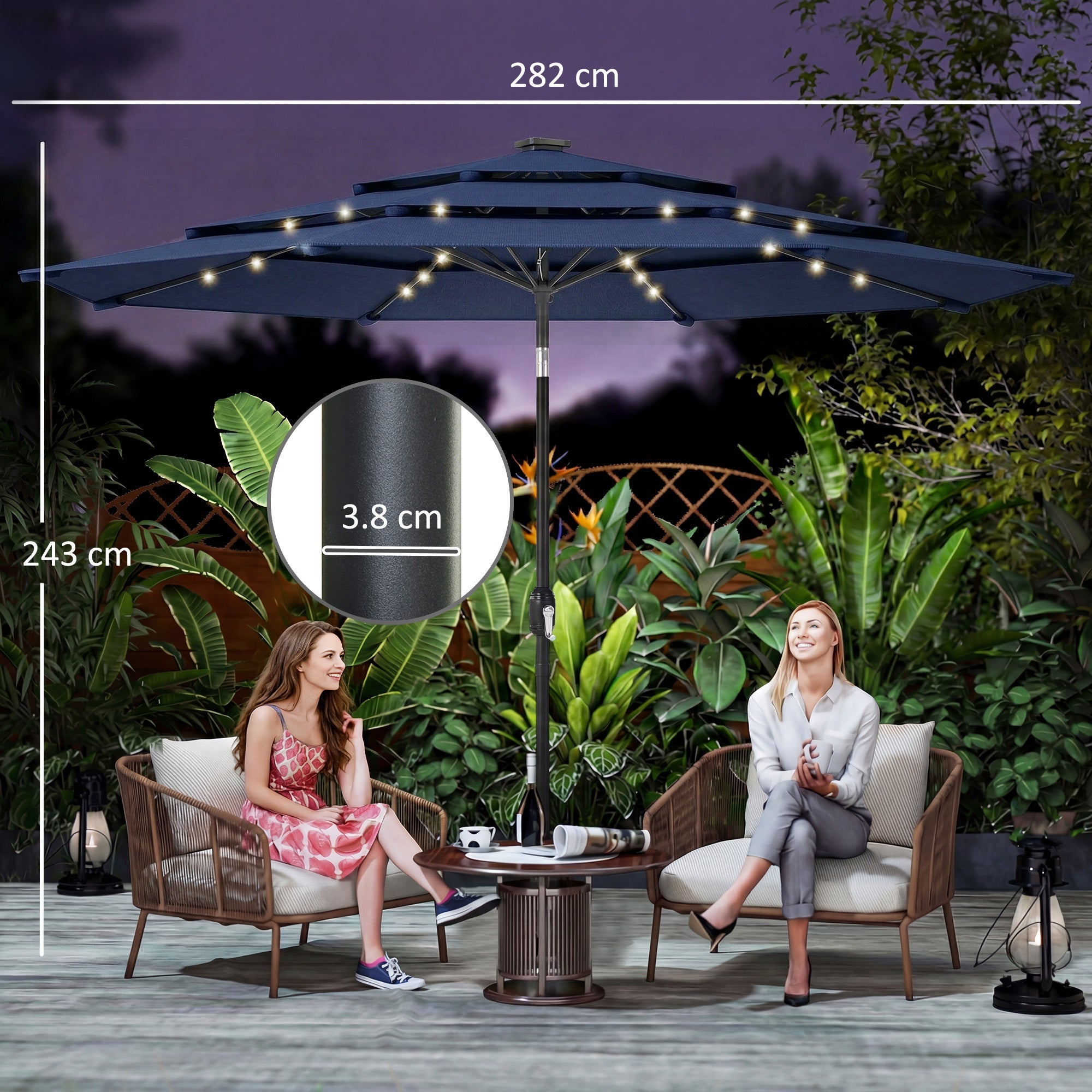 Outsunny 2.8 m Garden Parasol Umbrella with LED Solar Light, Parasol Cover, 3 Tier Outdoor Table Market Patio Umbrella, Navy Blue