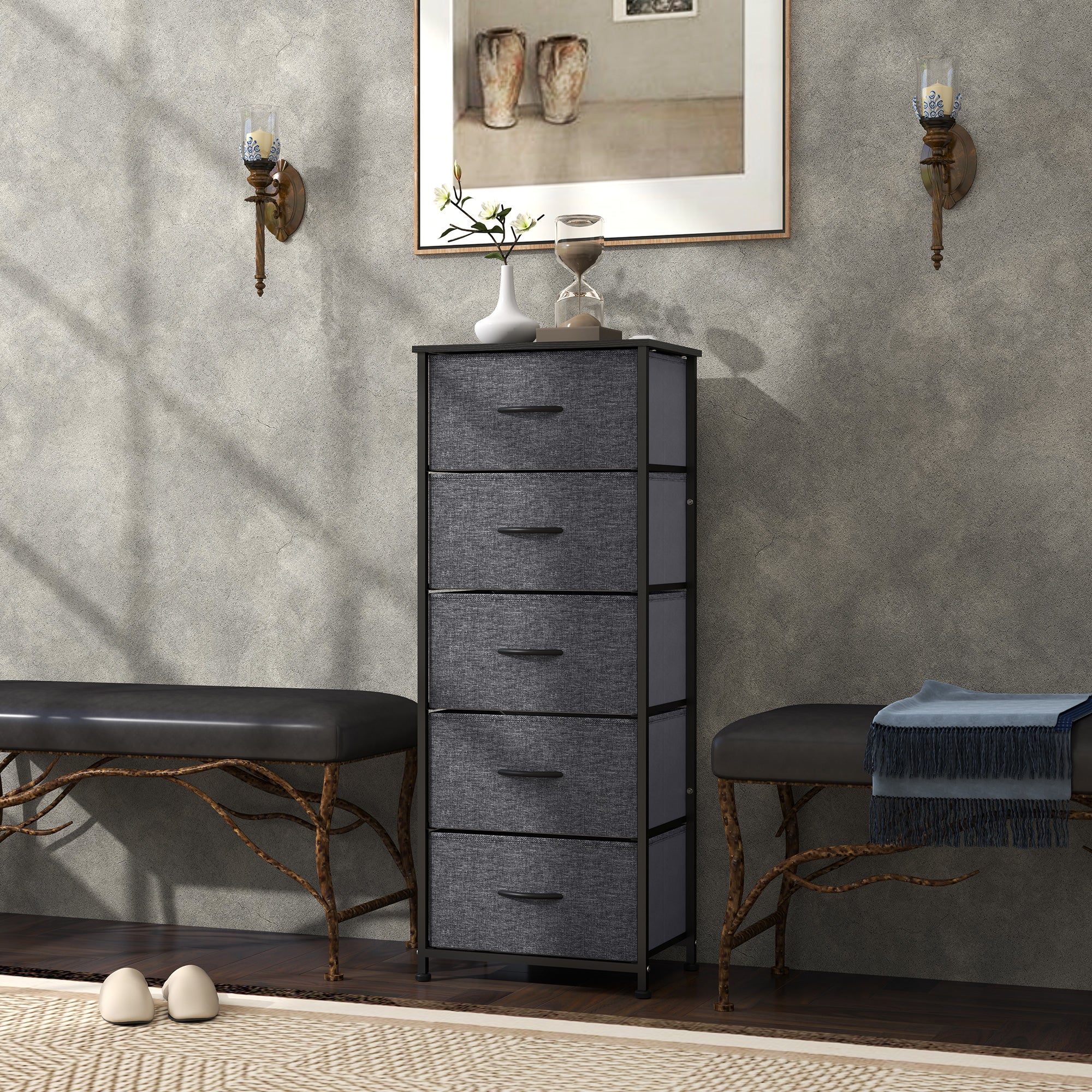 HOMCOM Fabric Chest of Drawers, Industrial Bedroom Dresser with 5 Fabric Drawers, Steel Frame and Wooden Top for Nursery, Living Room, Hallway, Dark Grey