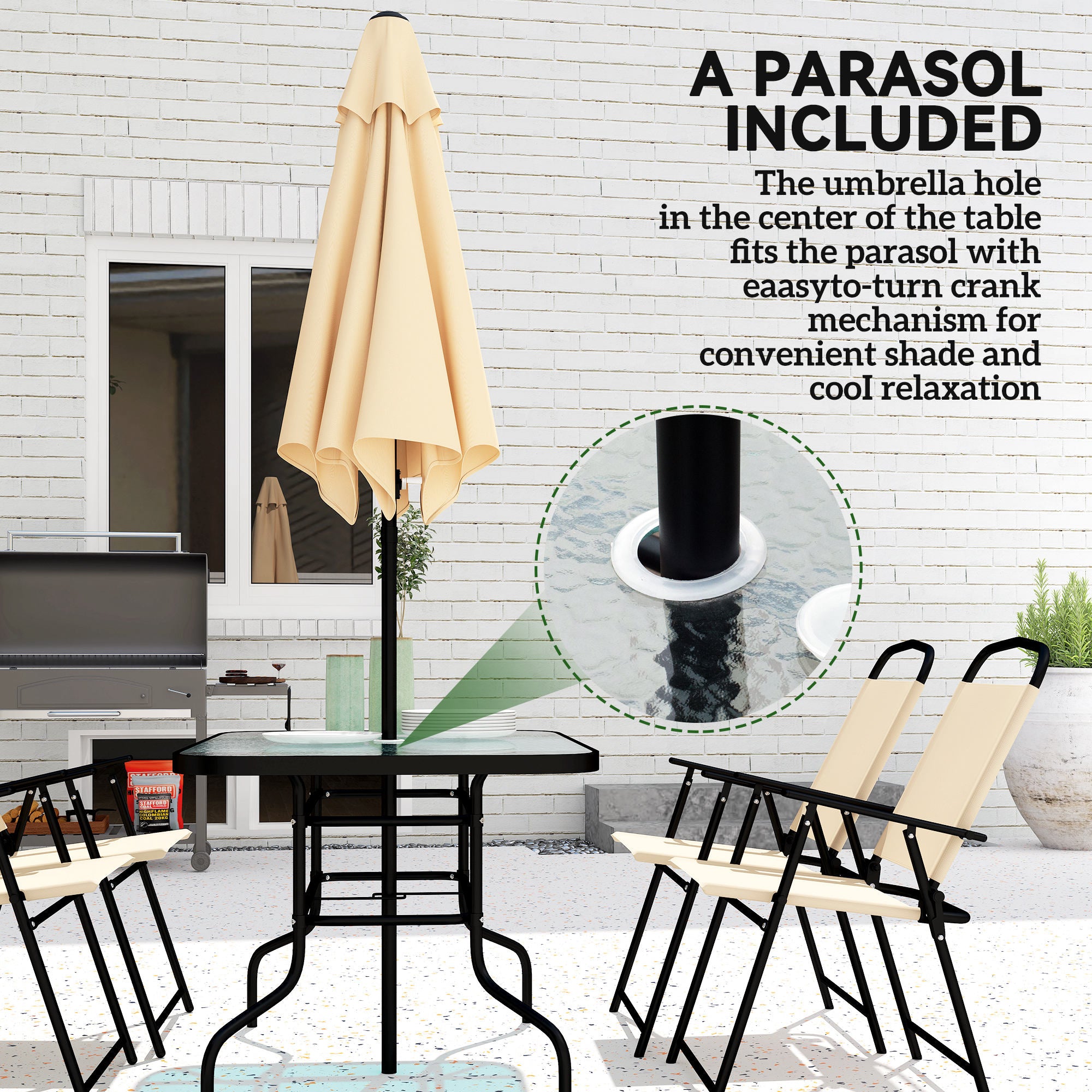 Outsunny 8 Pieces Garden Dining Set with Umbrella, Patio Sets with Parasol with 6 Foldable Chairs, Glass Top Table, and Sun Parasol, Beige