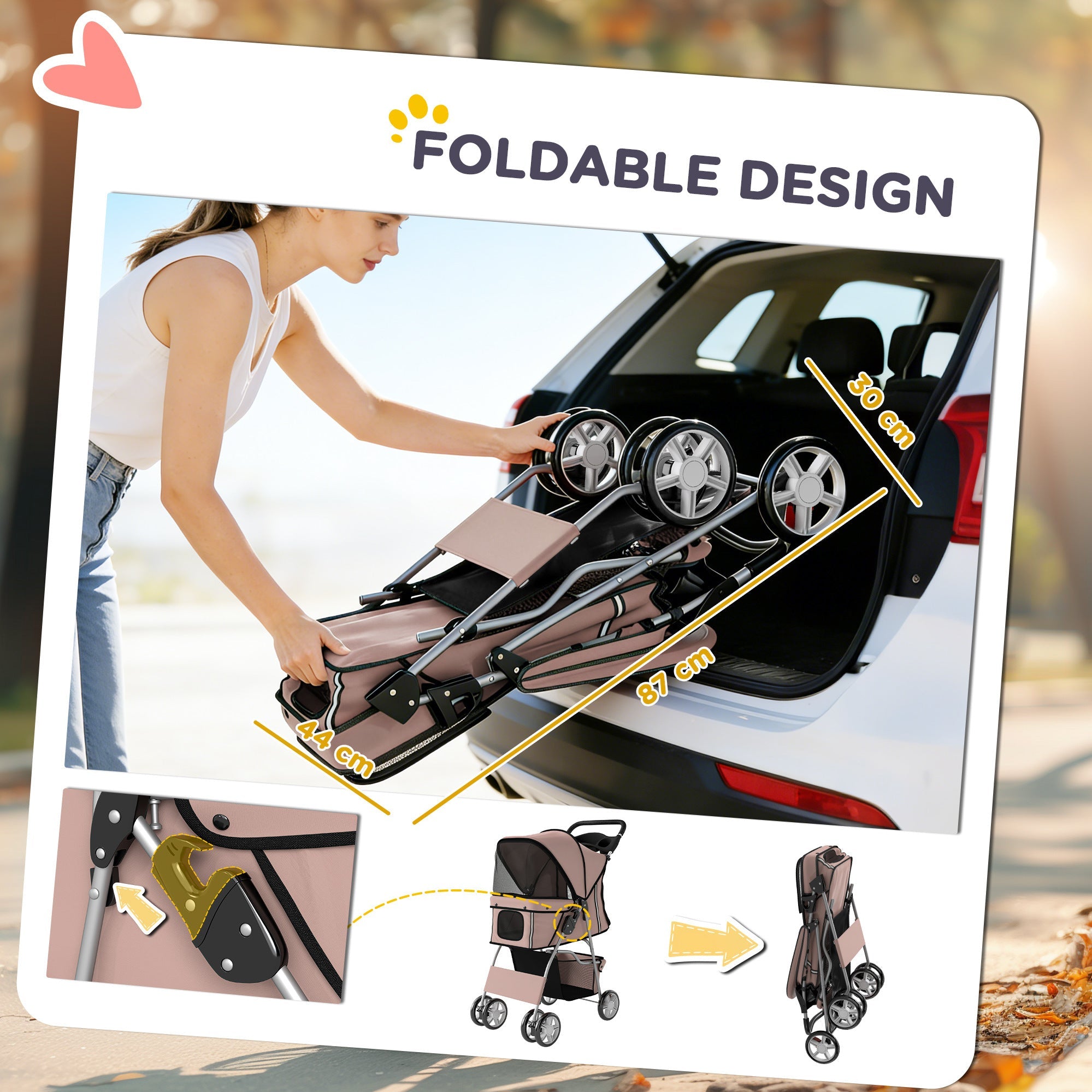 PawHut Dog Pram, Pet Stroller with Reflective Strips, Foldable Cat Stroller with 360Â° Swivel Wheels, Brown