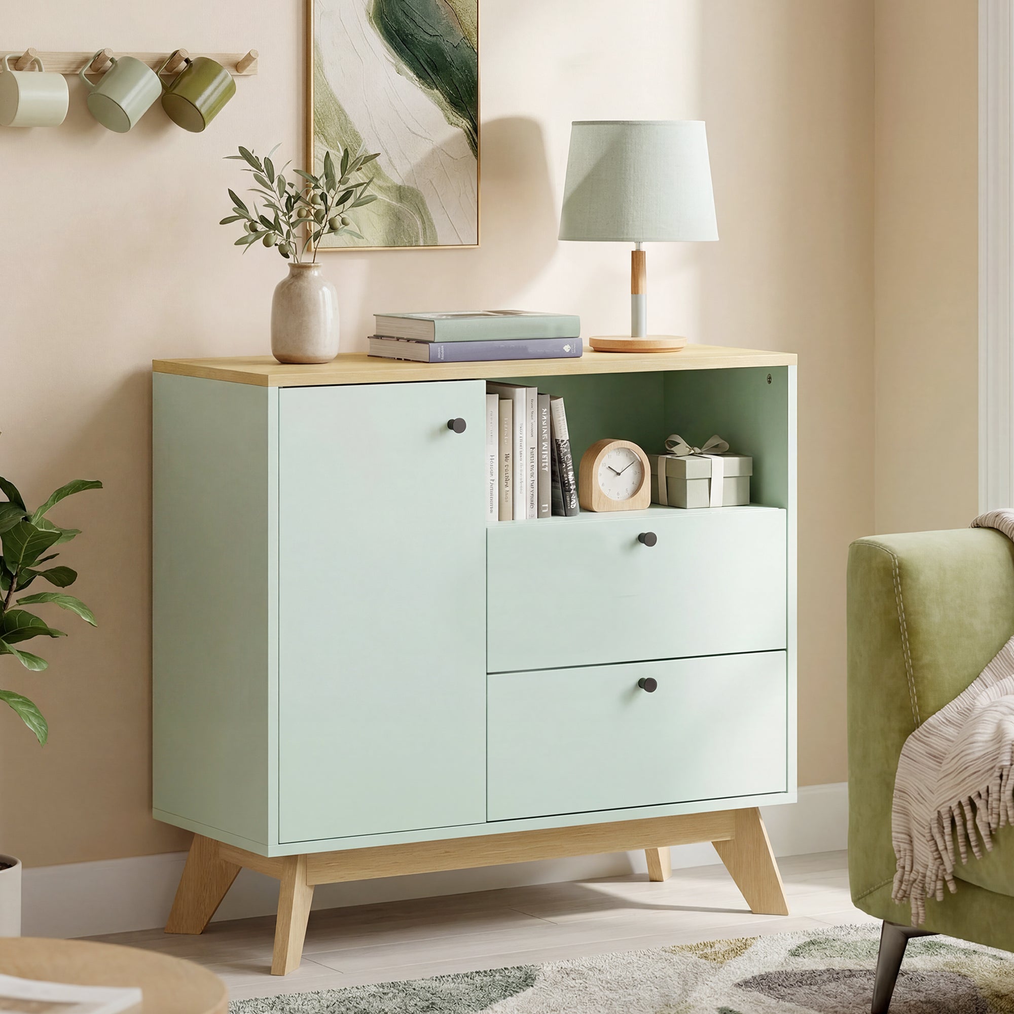 HOMCOM Sideboard Storage Cabinet, 80 cm Buffet Cabinet with 2 Drawers, Open Compartment, Adjustable Shelf, Light Green and Oak