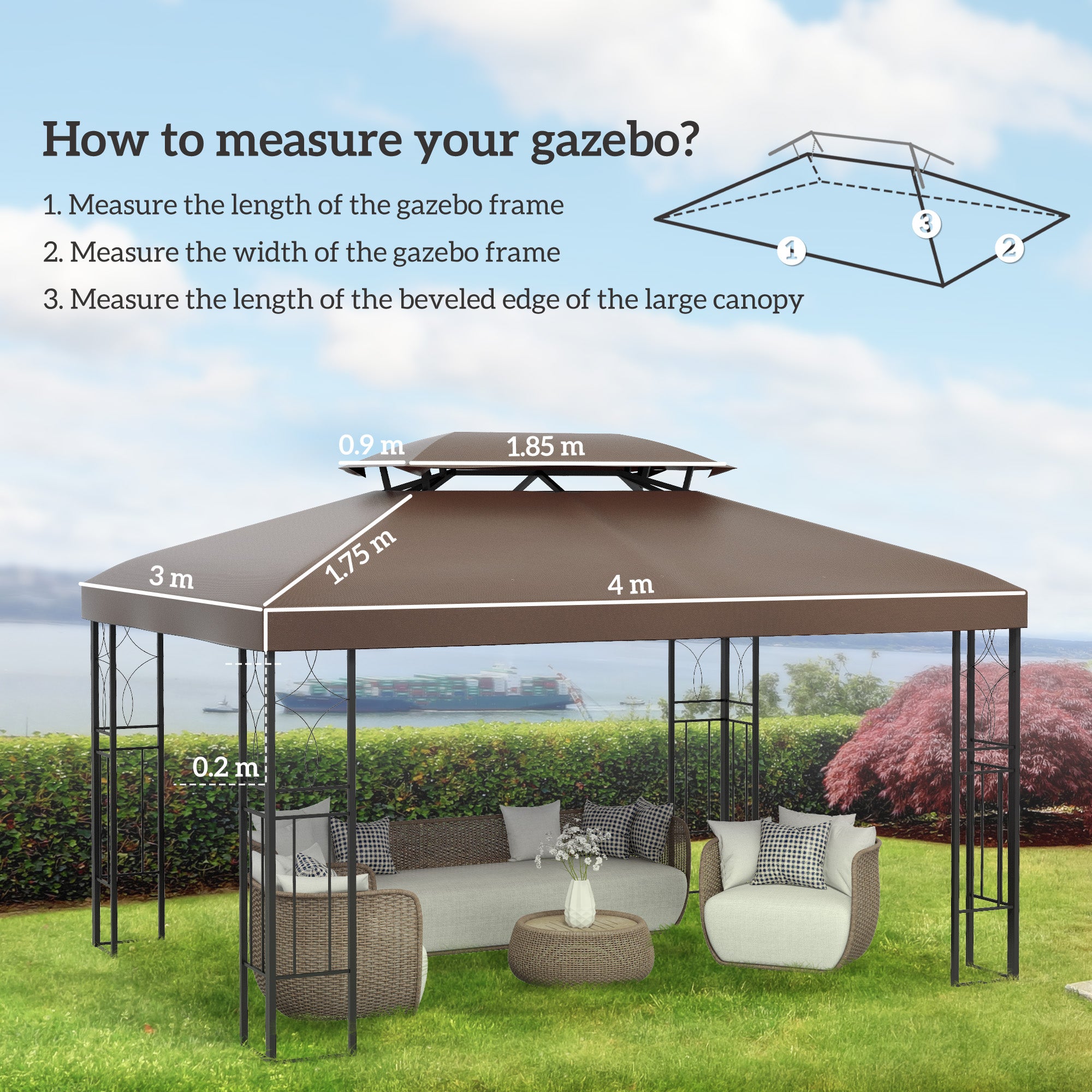 Outsunny 3x4m Gazebo Replacement Roof Canopy 2 Tier Top UV Cover Garden Patio Outdoor Sun Awning Shelters, Brown (TOP COVER ONLY)