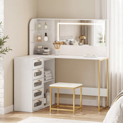 HOMCOM Dressing Table with LED Mirror and Stool, L-Shaped Vanity Desk with Drawers and Shelves, White