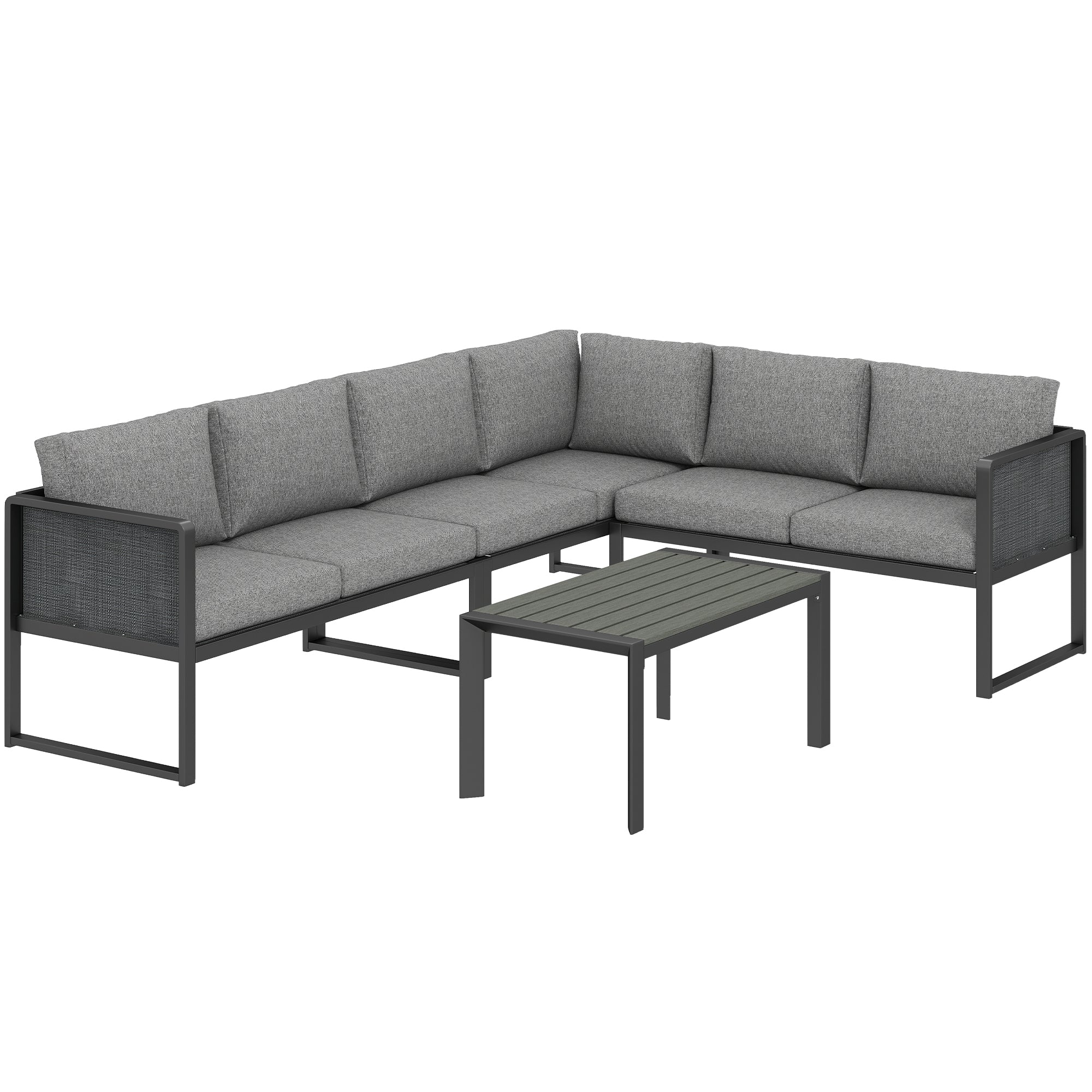 Outsunny 6 Seater Metal Garden Furniture Corner Sofa Set with 3 Loveseats, Faux Wood Table, Texteline Seat, Cushions, Dark Grey