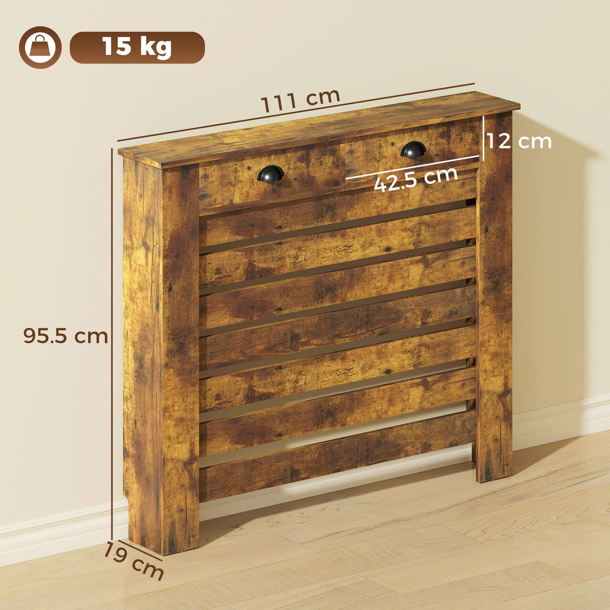 HOMCOM 95.5H x 111Wcm Radiator Cover, with Drawer - Rustic Brown