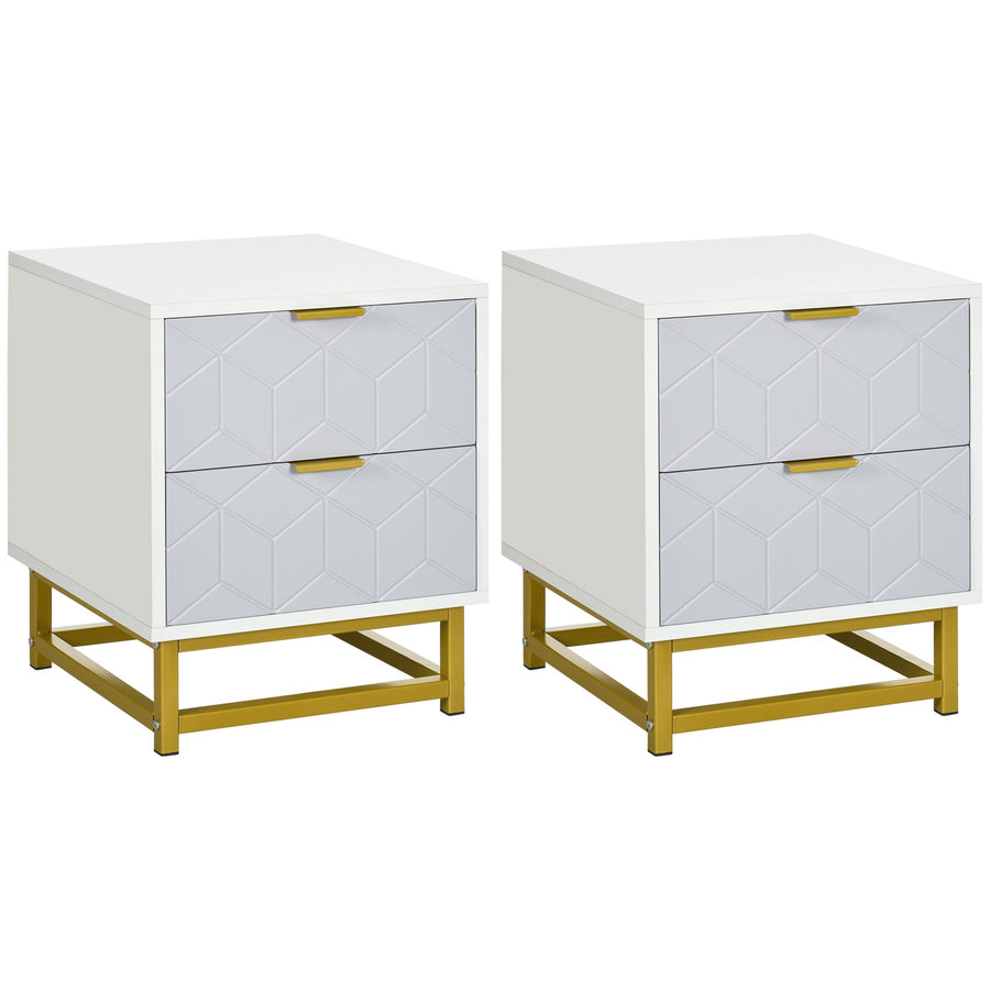 HOMCOM Bedside Table with 2 Drawers, Side Table, Bedside Cabinet with Steel Frame for Living Room, Bedroom, Set of 2, Grey and White