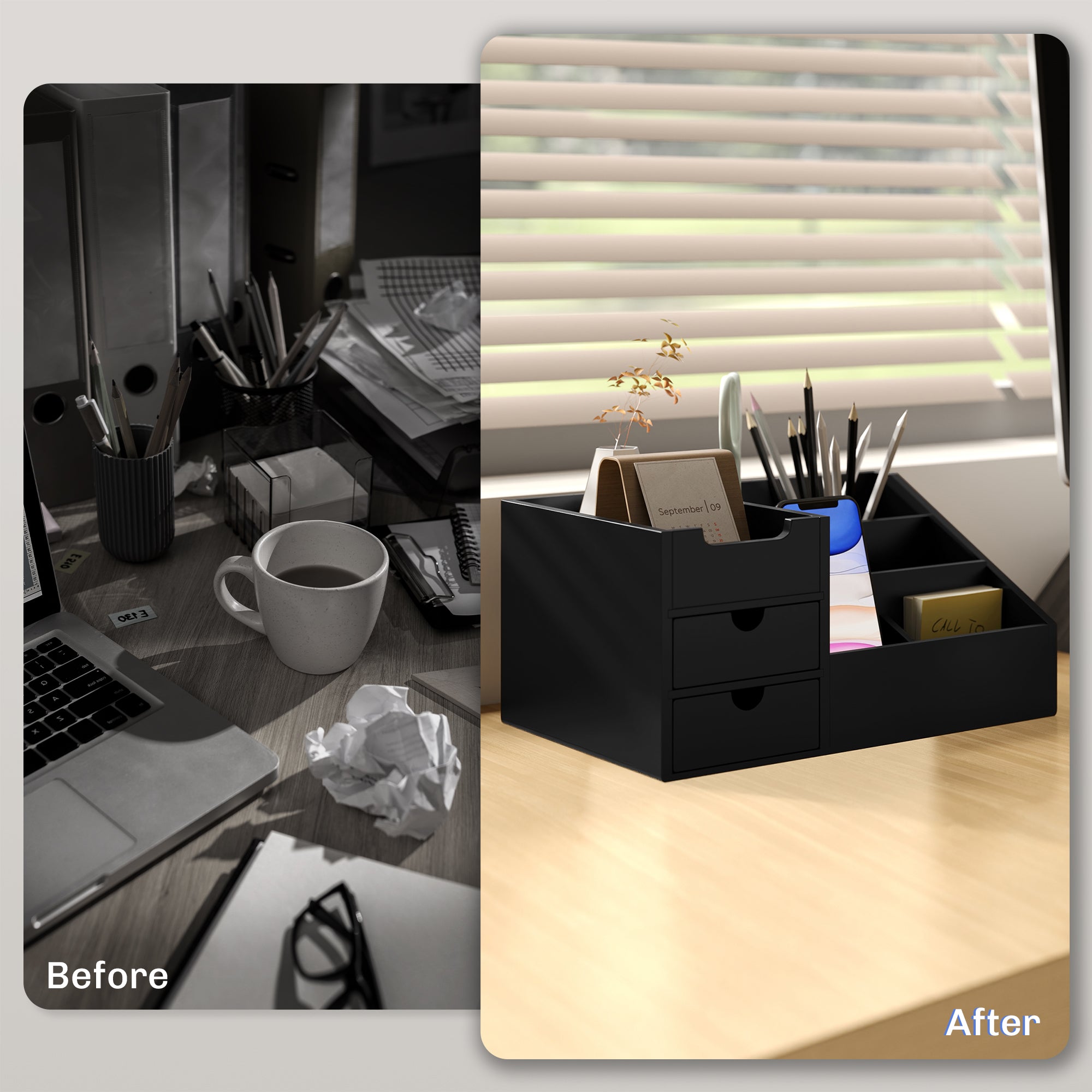 HOMCOM Desk Organiser Holder, Bamboo Multi-Function Storage Caddy with 7 Storage Compartments and 2 Drawers for Home Office Stationary Supplies, Black