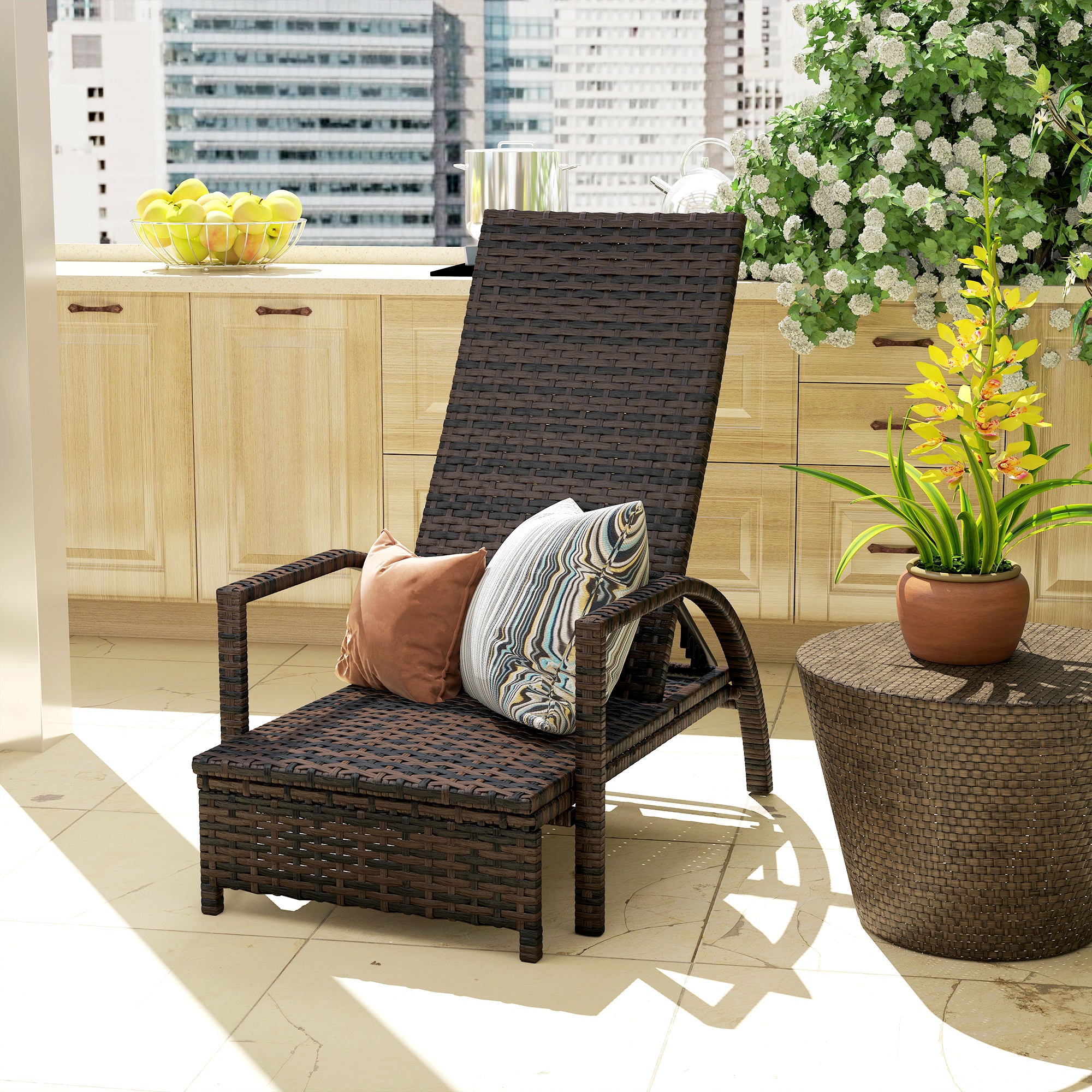Outsunny Reclining Rattan Lounger, with Extending Footrest - Brown