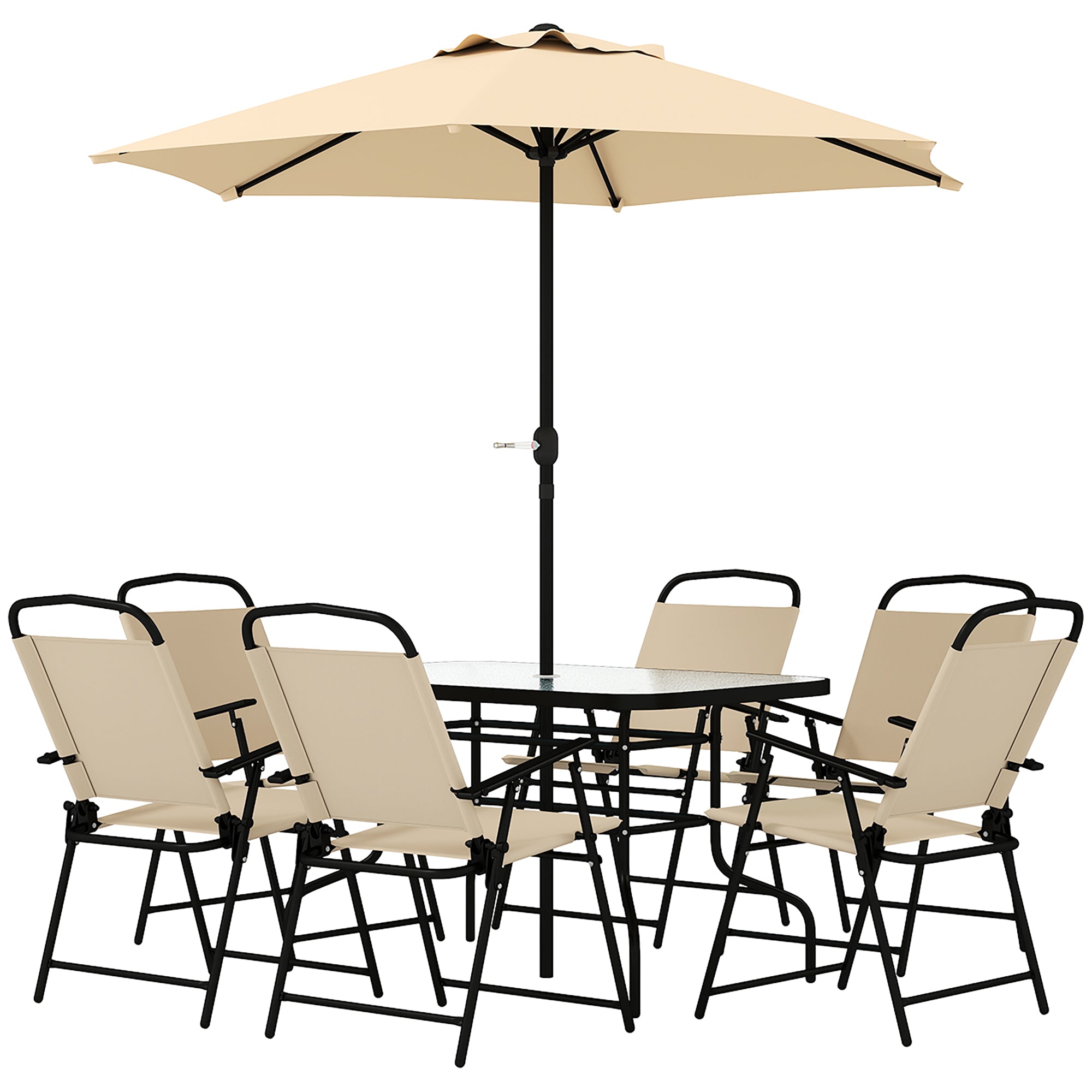 Outsunny 8 Pieces Garden Dining Set with Umbrella, Patio Sets with Parasol with 6 Foldable Chairs, Glass Top Table, and Sun Parasol, Beige