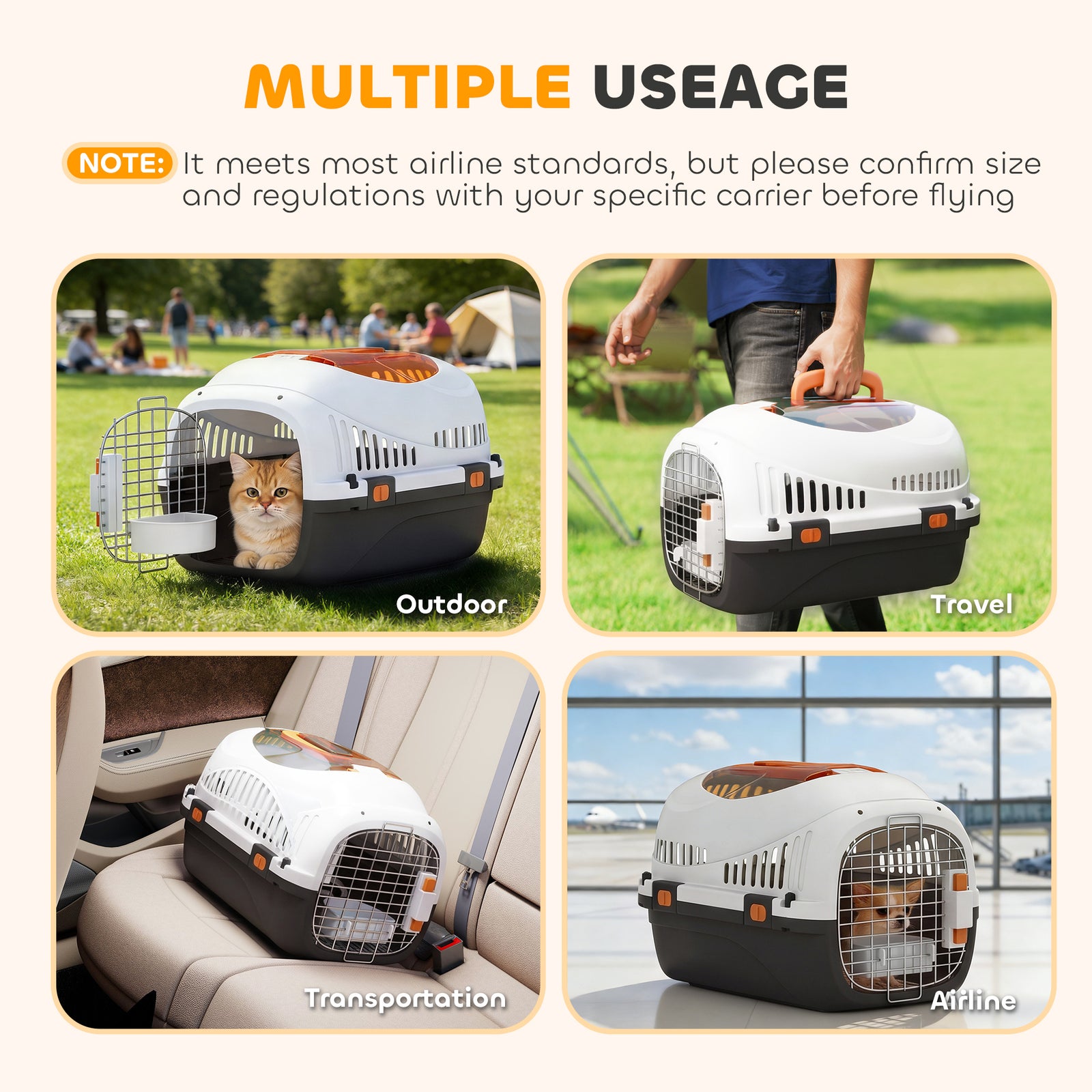 PawHut Plastic Pet Carrier Hard Shell Dog Cat Carrier Max 4 KG Steel Door Feed Bowl Secure Lock 49 x 32 x 31 cm
