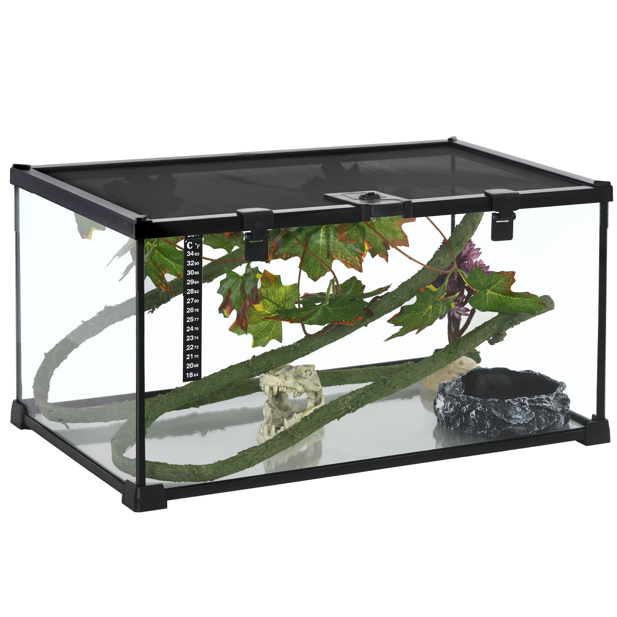 PawHut Glass Reptile Terrarium with Decor Kit, Breeding Tank with Thermometer for Small Animals, 50 x 30 x 25cm, Heated - Black