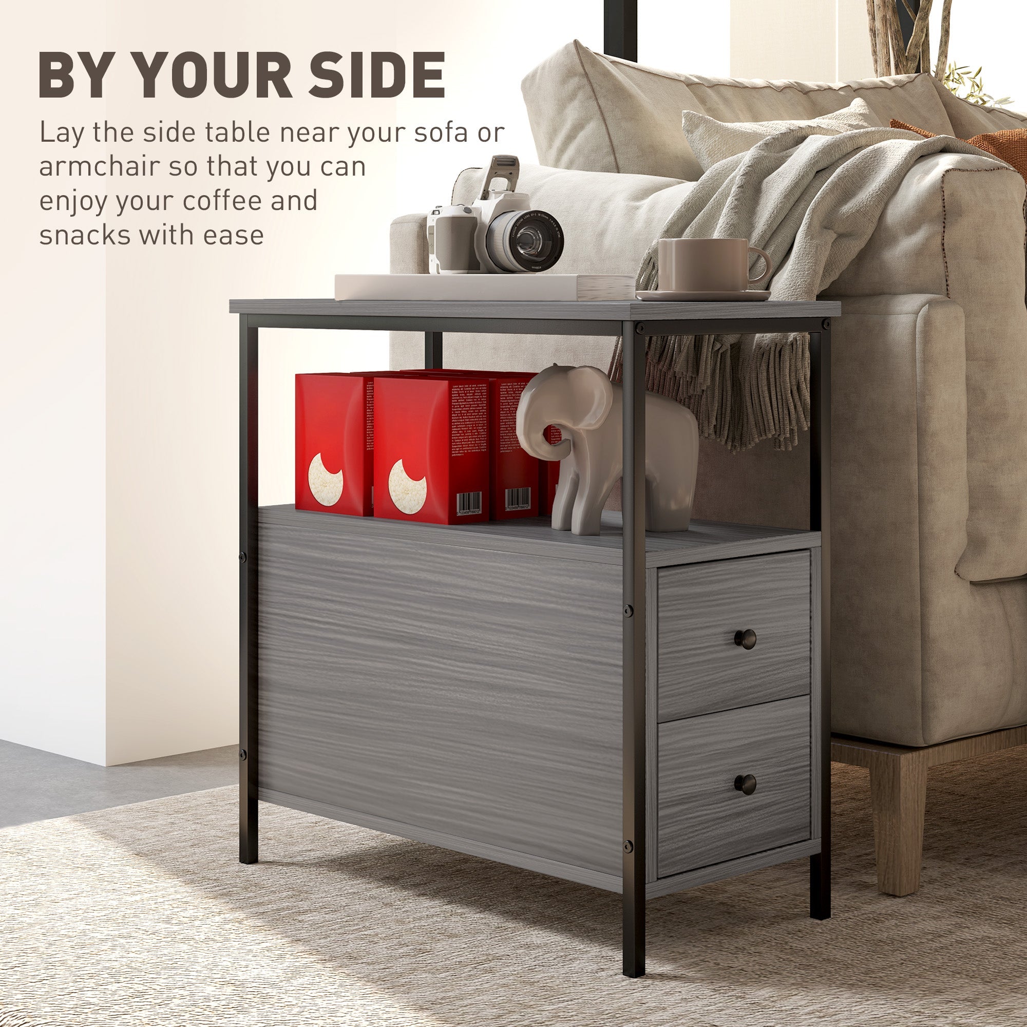 HOMCOM Side Table, Narrow Bedside Table with 2 Drawers and Storage Shelf, Industrial End Table with Metal Frame for Small Spaces, Grey Wood Grain