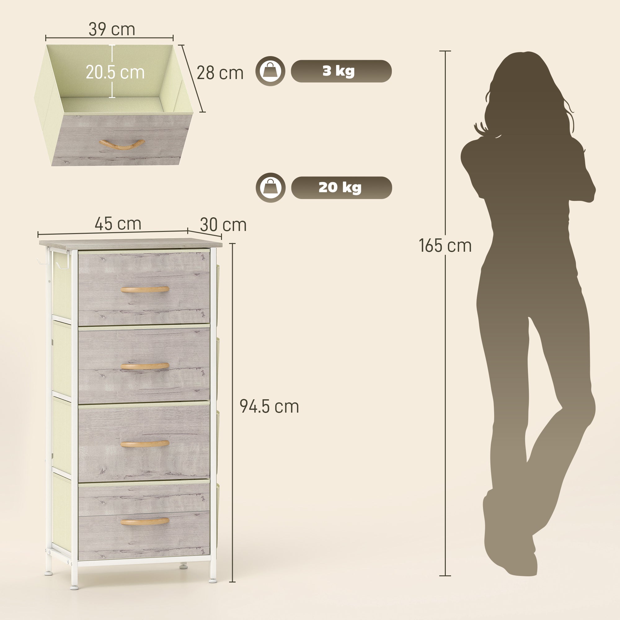 HOMCOM Chest of Four Fabric Drawers - Natural Wood Finish