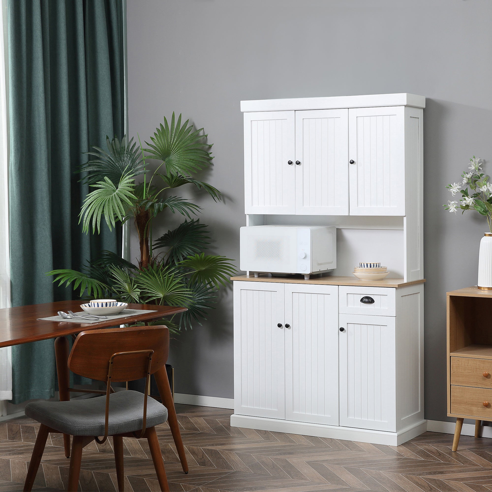 HOMCOM 180cm Freestanding Kitchen Cabinet, Modern Storage Cupboard with Open Countertop, Drawer and 6 Doors, White