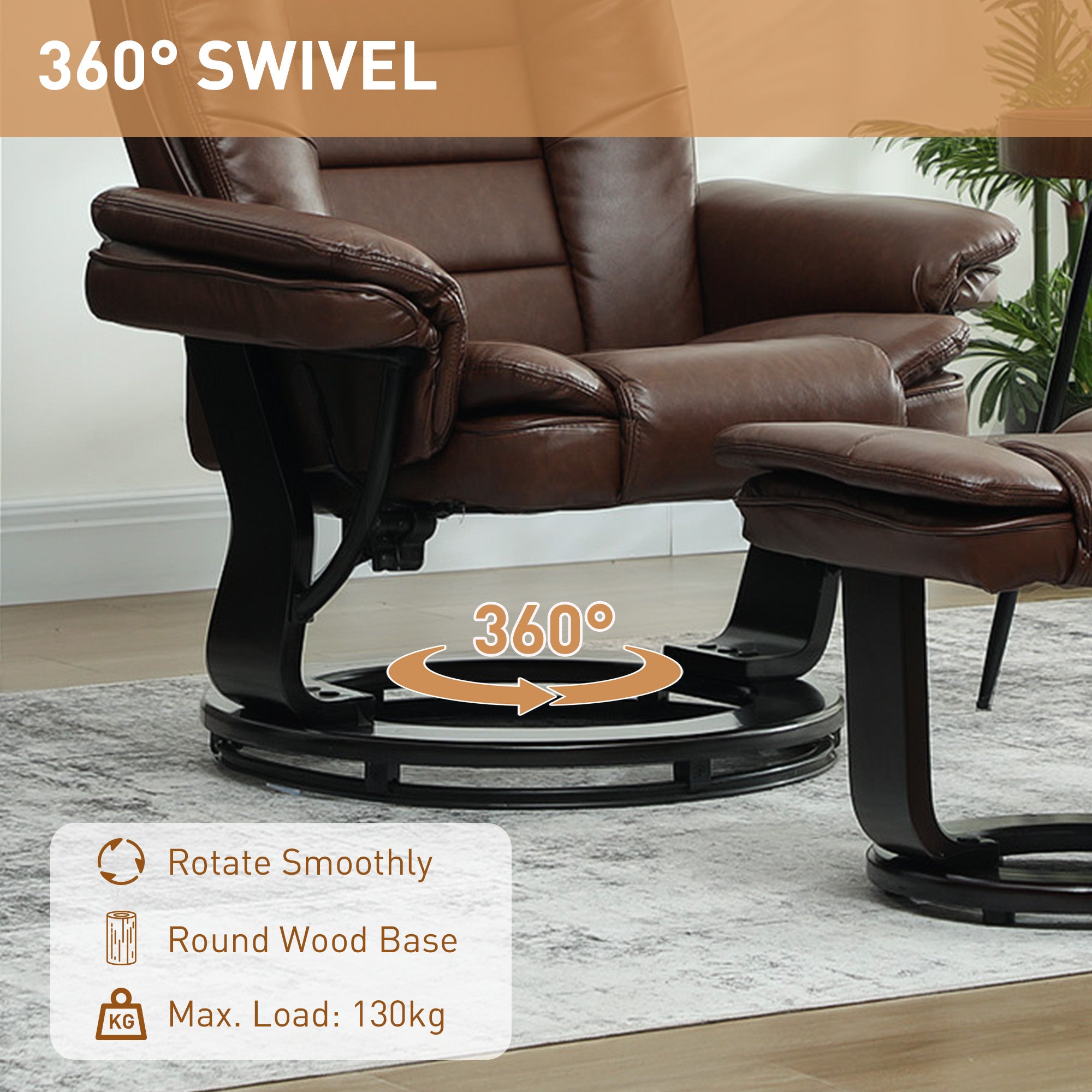 HOMCOM Faux Leather 135√Ç¬∞ Reclining Chair and Footstool - Brown