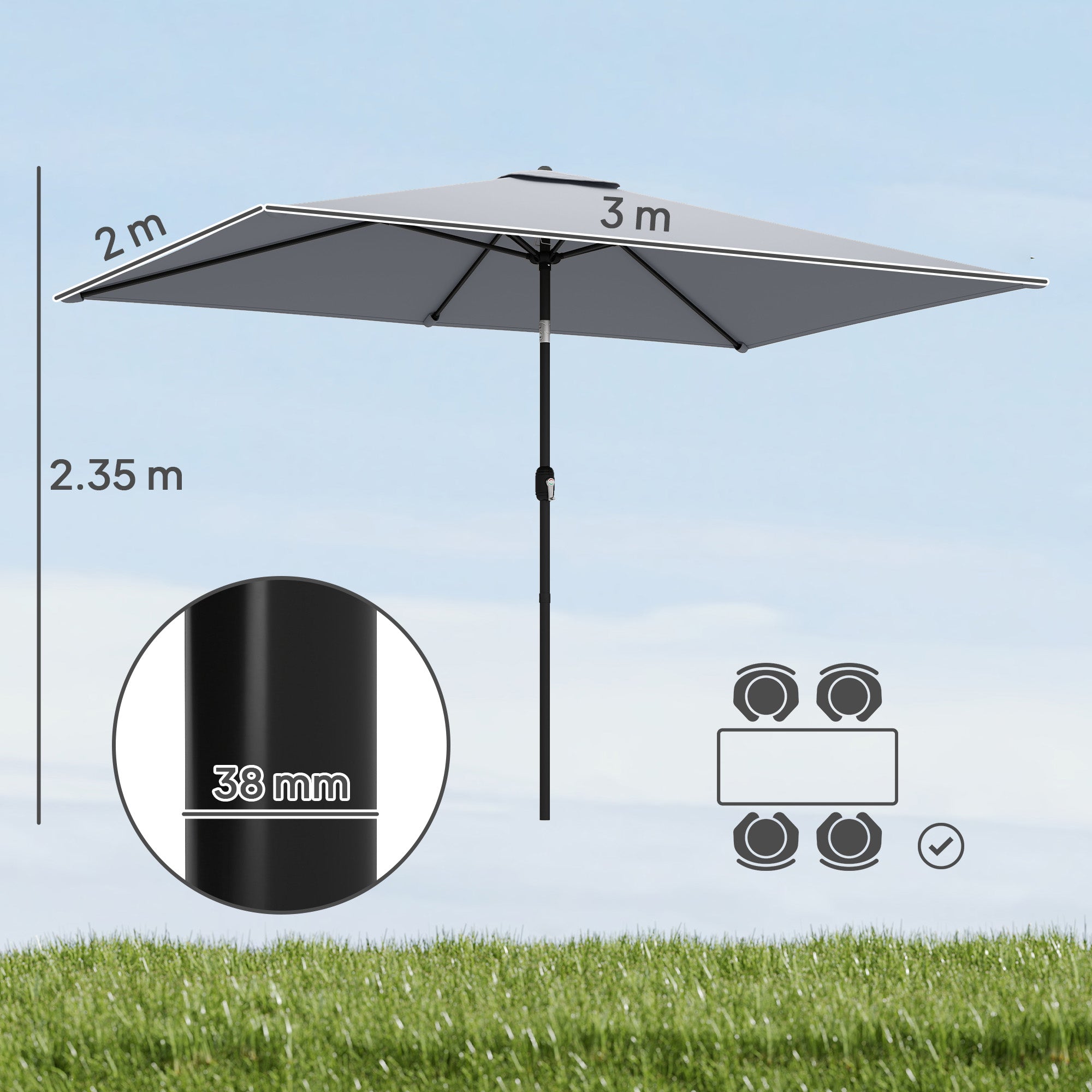 Outsunny Garden Parasol, Parasol Umbrella with Crank Handle, Tilt Function, Polyester Canopy, Light Grey