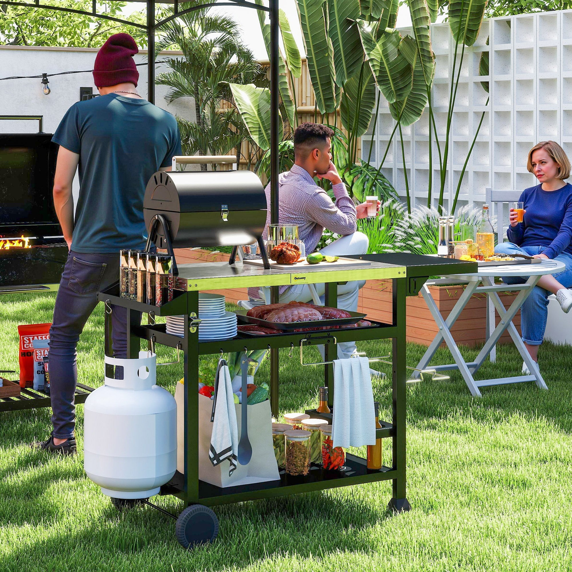 Outsunny Multi-Feature BBQ Grill Table, with Stainless Steel Top - Black