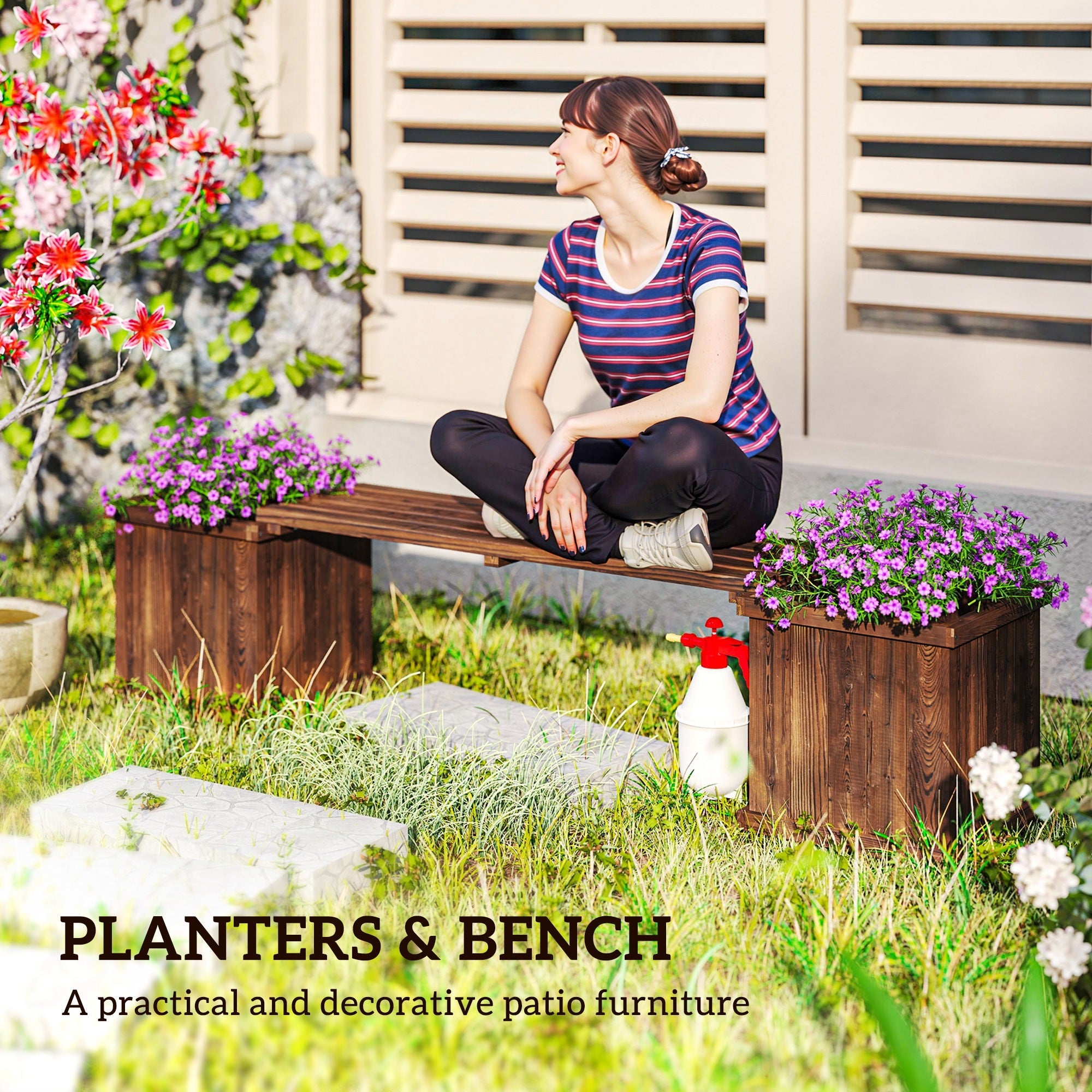 Outsunny Wooden Garden Planter & Bench Combination Garden Raised Bed Patio Park Carbonised Finish 176 x 38 x 40 cm