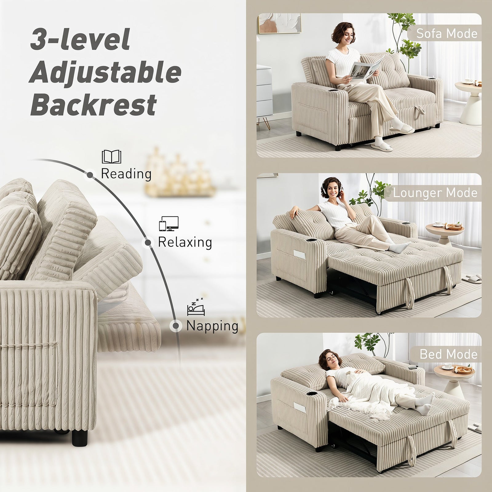 HOMCOM Corduroy Click Clack Sleeper Sofa with Pull Out Design, 2 Seater Sofa Bed, Cream White