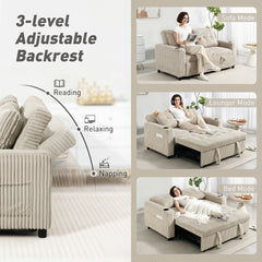 HOMCOM Corduroy Click Clack Sleeper Sofa with Pull Out Design, 2 Seater Sofa Bed, Cream White
