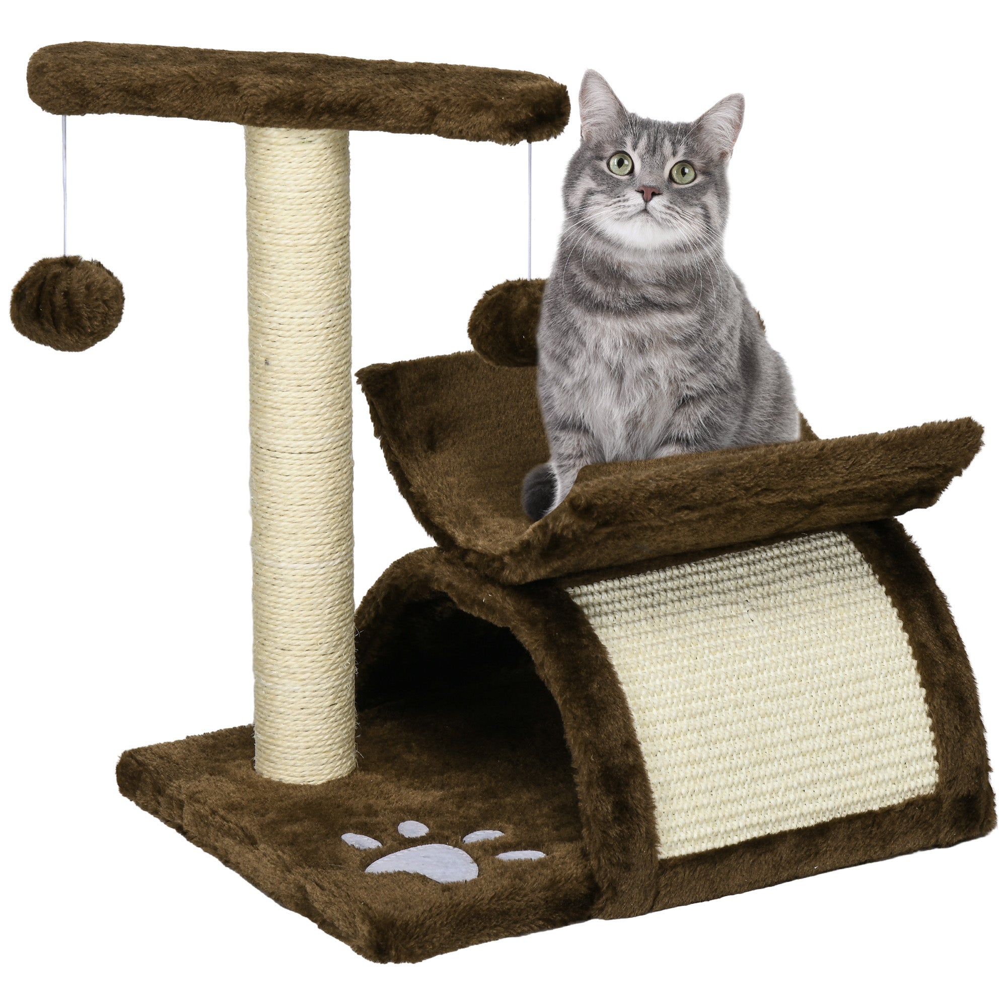 PawHut Cat Tree, Cat Tower for Kittens with Rotatable Top Bar, Sisal Scratching Post, Tunnel, Dangling Balls - Brown