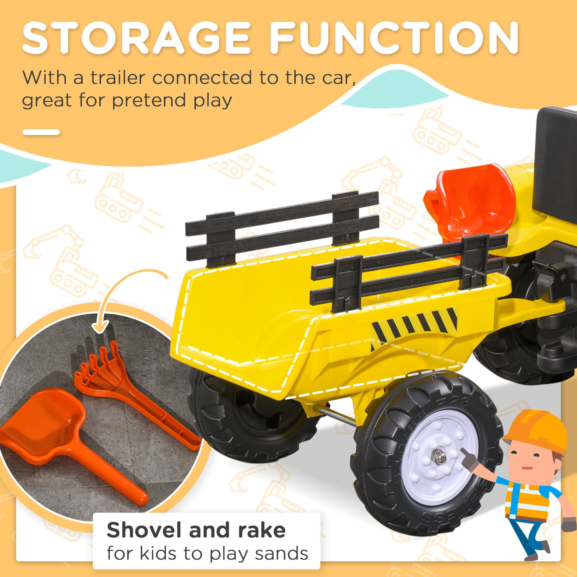 HOMCOM Kids Ride on Tractor with Back Trailer, Shovel & Rake, Horn, Four Wheels Tractor Toy for Child Toddler