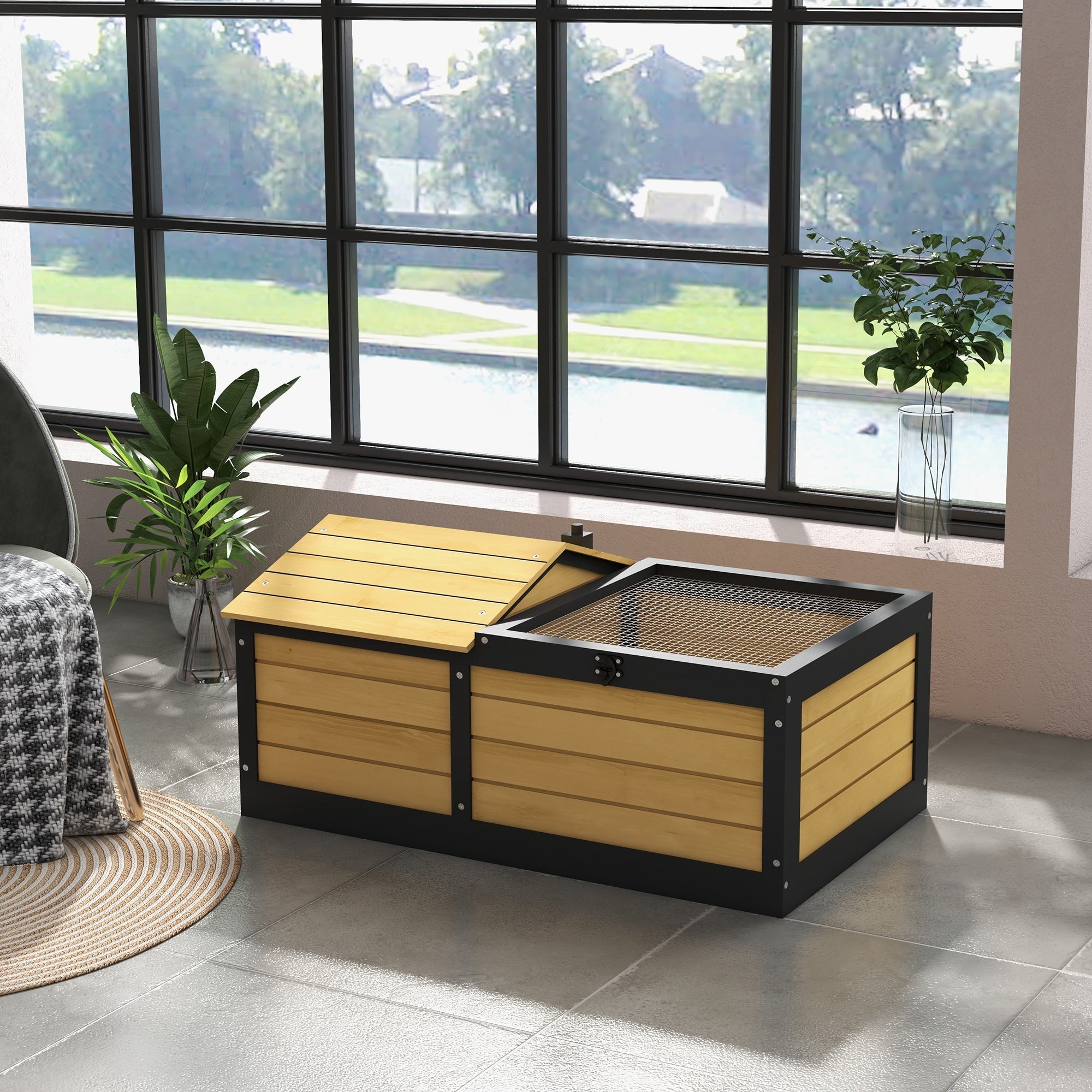 PawHut Wooden Tortoise House, Small Pet Reptile Shelter, with Hide Den and Run - Yellow