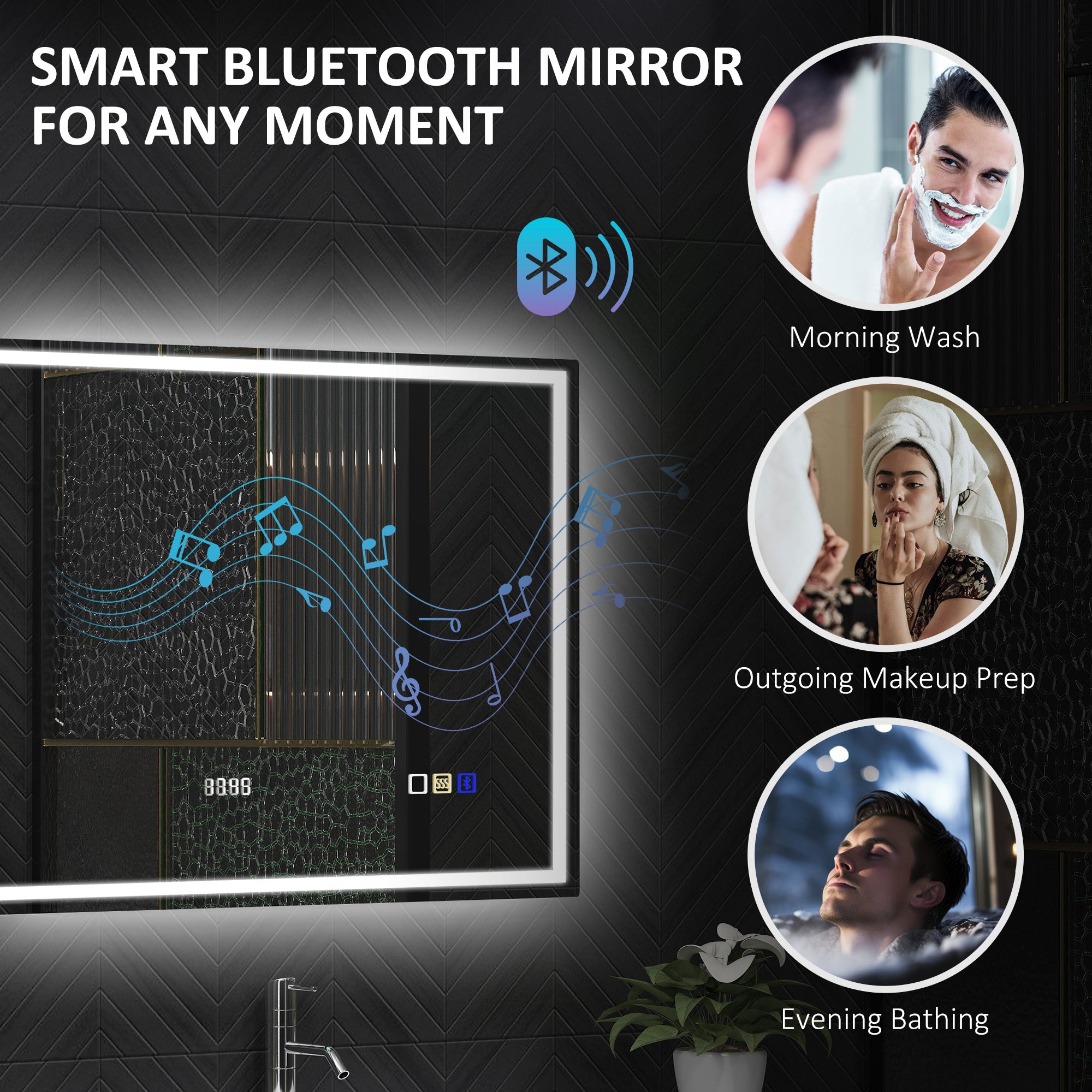 HOMCOM 60 x 80 cm Anti-Fog LED Bathroom Mirror, with Bluetooth and Clock - Silver Tone